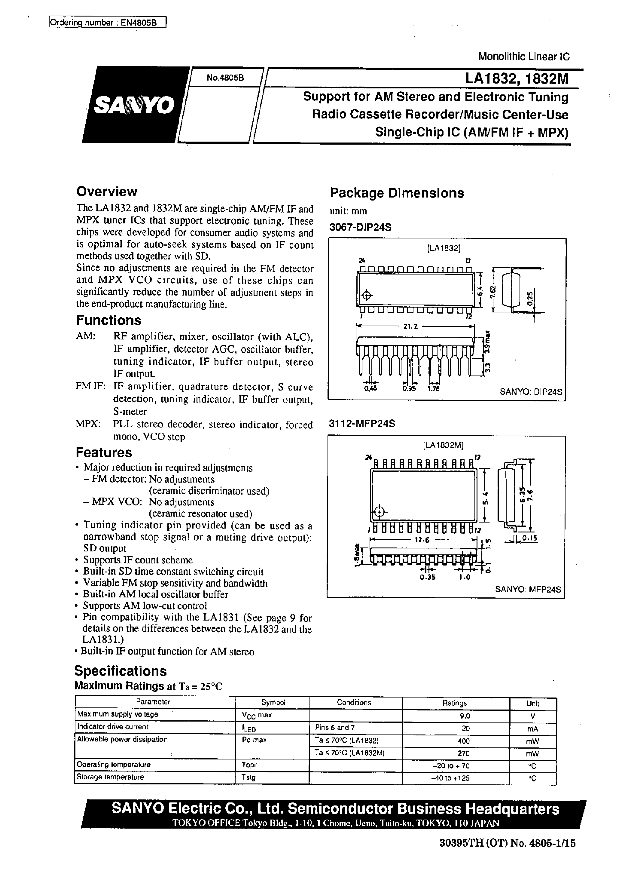Даташит LA1832 - Support for AM Stereo and Electronic Tuning Radio Cassette Recorder/Music Center-Use Single-Chip IC (AM/FM IF + MPX) страница 1
