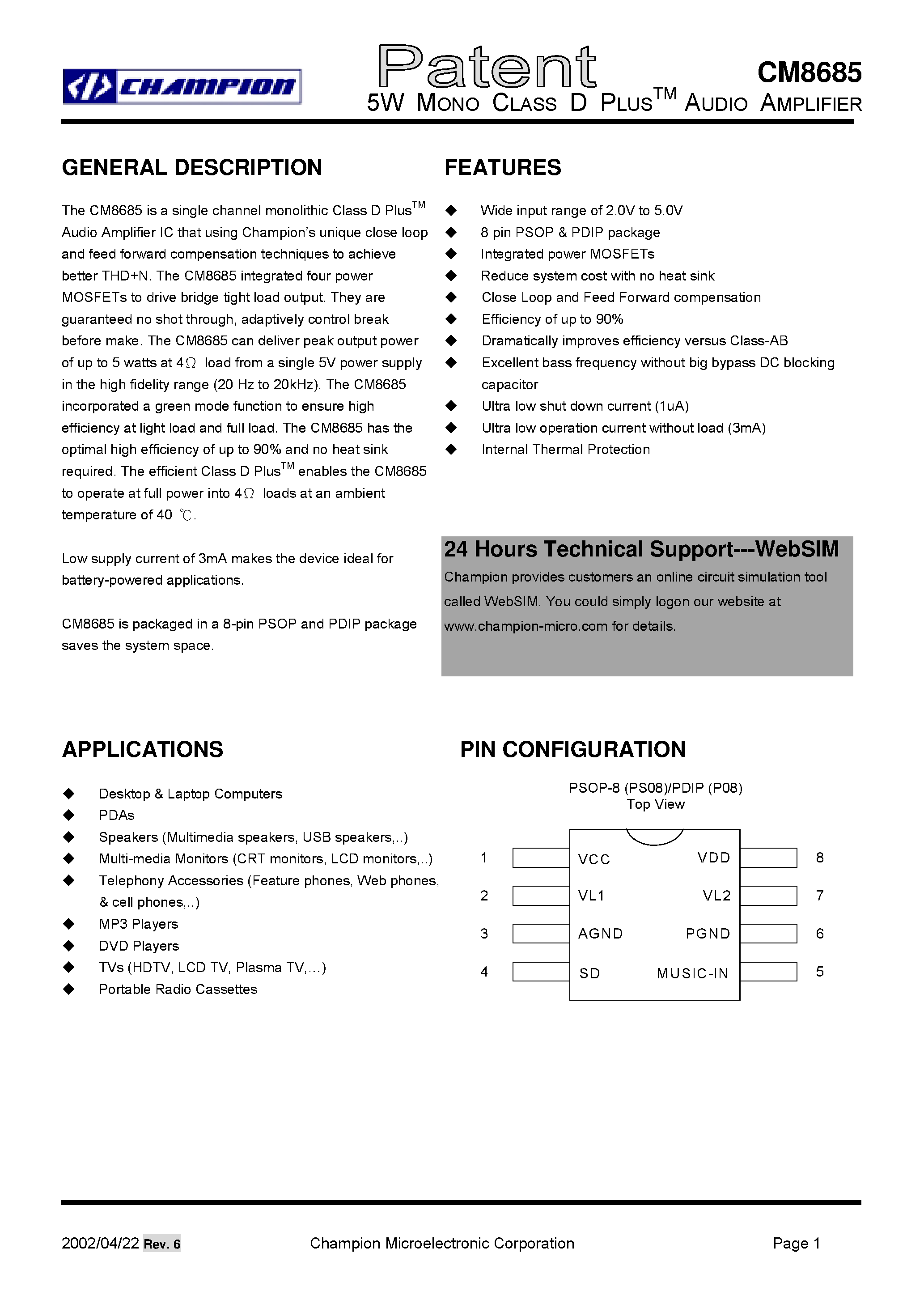 Даташит CM8685EP - 5W MONO CLASS D PLUSTM AUDIO AMPLIFIER страница 2