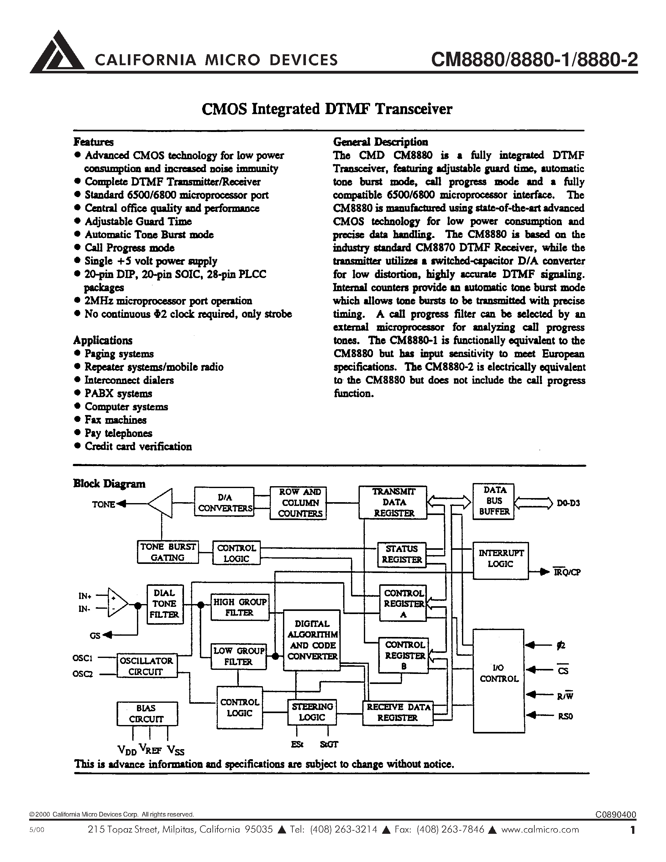 Datasheet CM8880-2 - CMOS Integrated DTMF Transceiver page 1