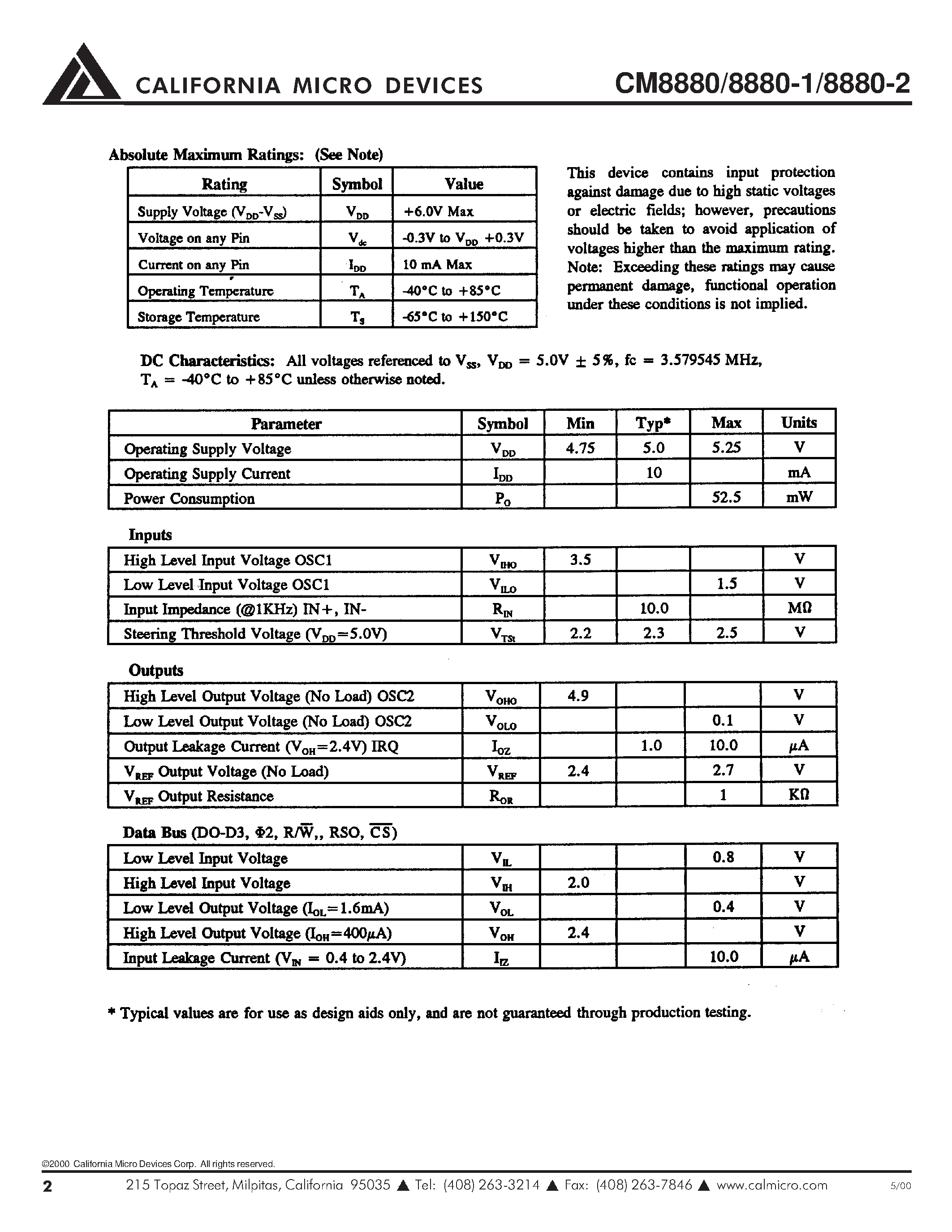 Datasheet CM8880-2 - CMOS Integrated DTMF Transceiver page 2