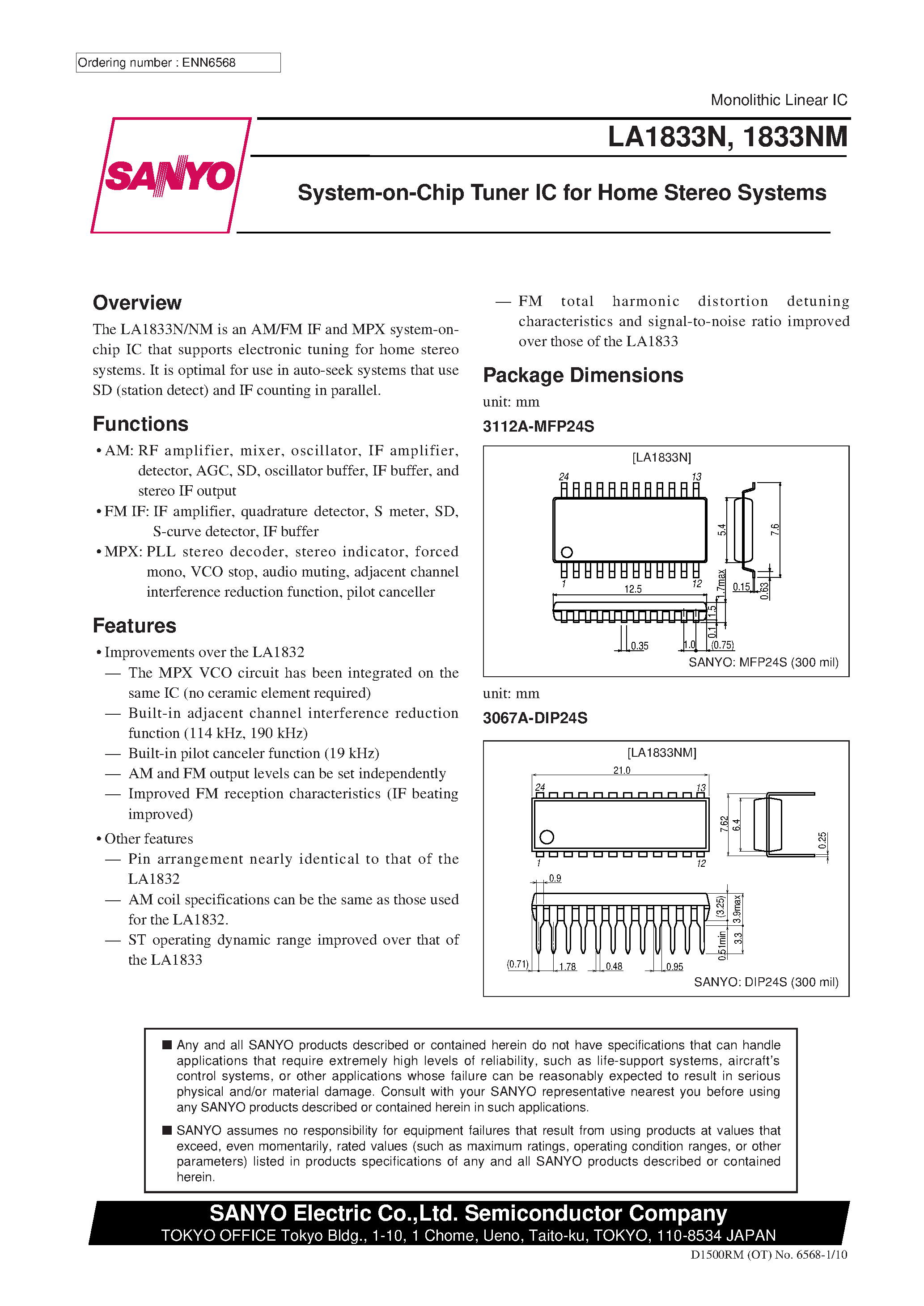 Даташит LA1833NM - System-on-Chip Tuner IC for Home Stereo Systems страница 1