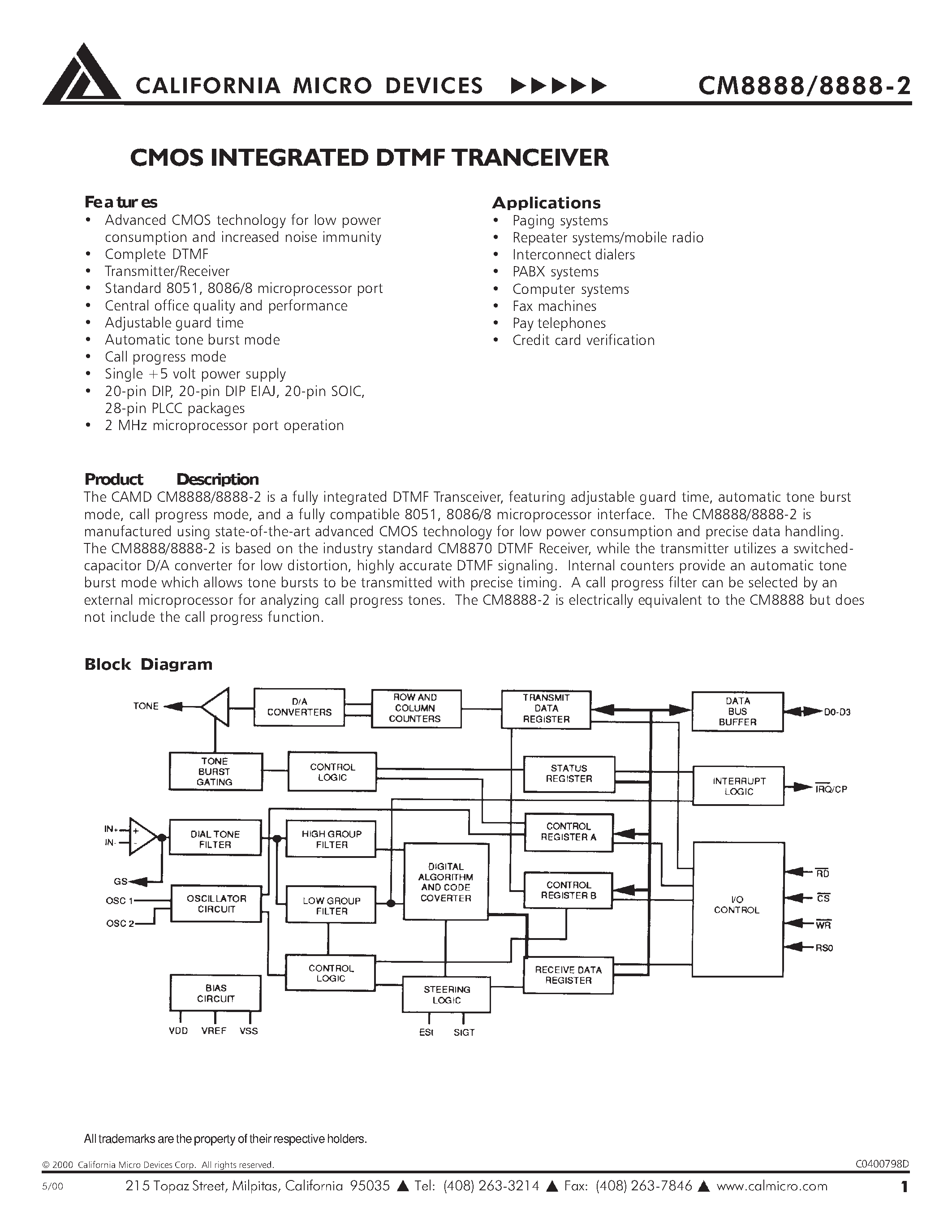 Datasheet CM8888-2 - CMOS INTEGRATED DTMF TRANCEIVER page 1