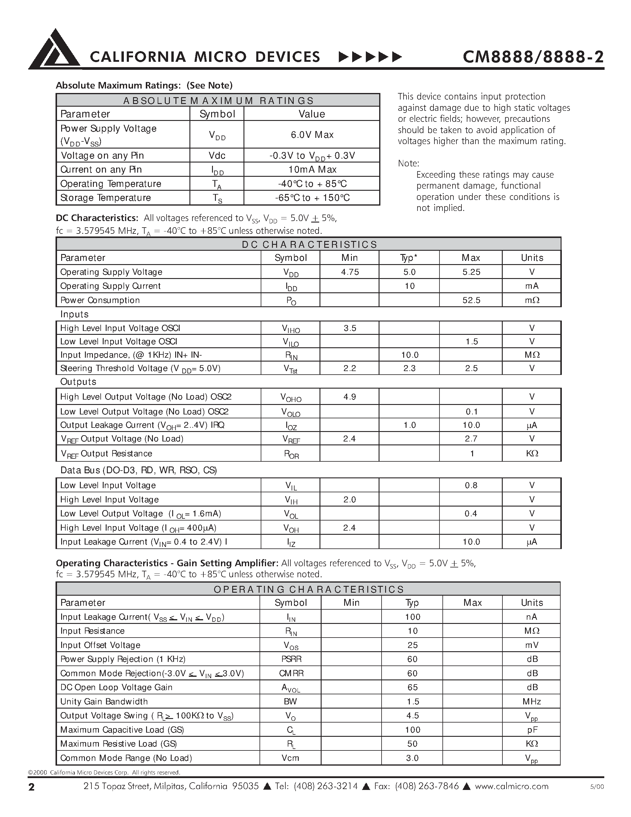 Datasheet CM8888-2 - CMOS INTEGRATED DTMF TRANCEIVER page 2