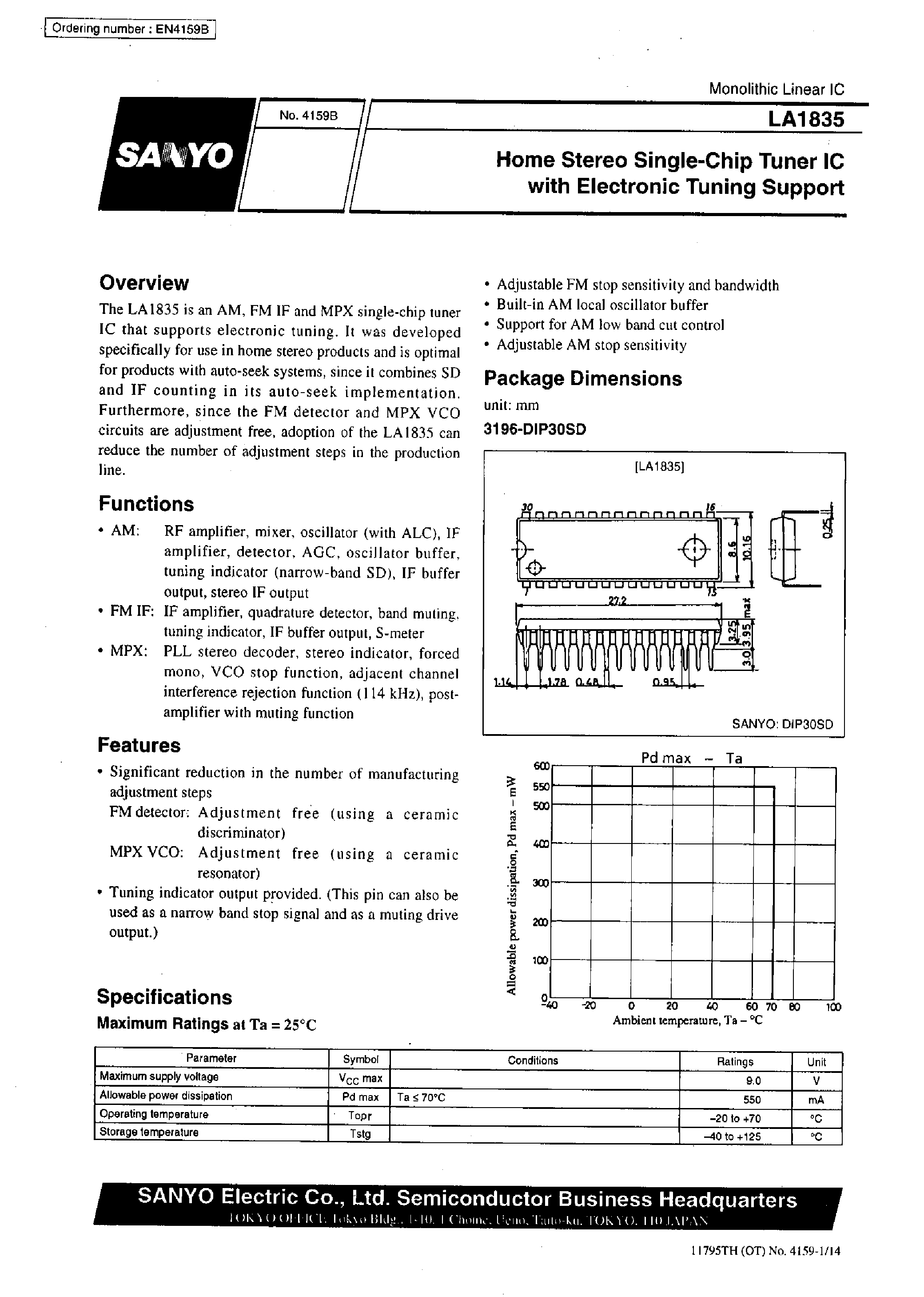 Даташит LA1835 - Home Stereo Single-Chip Tuner IC with Electronic Tuning Support страница 1