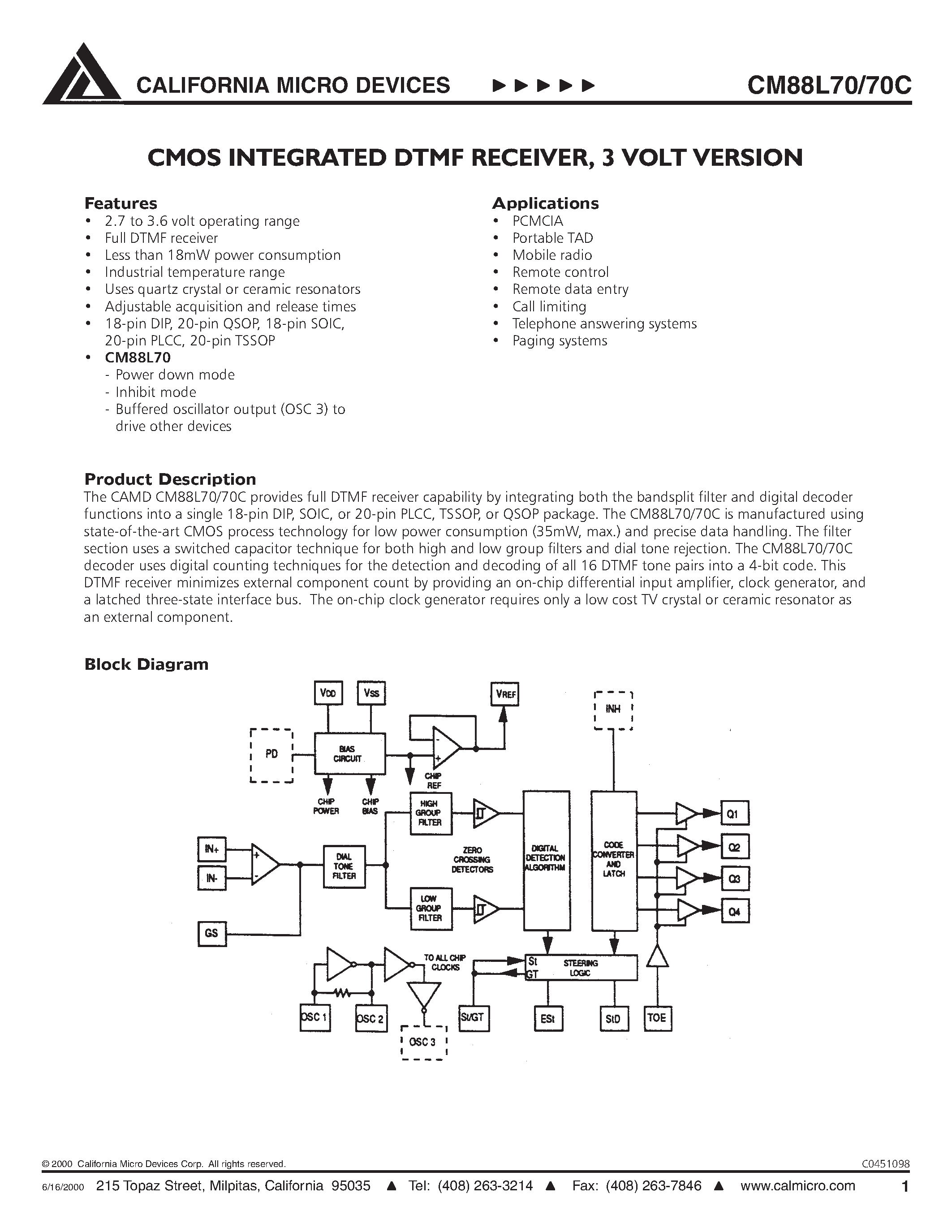 Datasheet CM88L70CSI - CMOS INTEGRATED DTMF RECEIVER/ 3 VOLT VERSION page 1