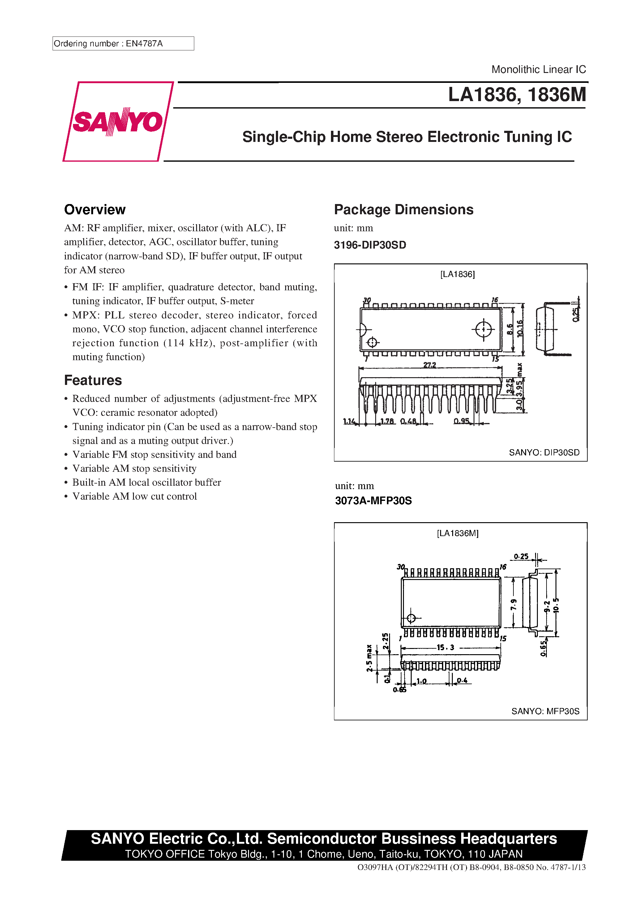 Даташит LA1836 - Single-Chip Home Stereo Electronic Tuning IC страница 1