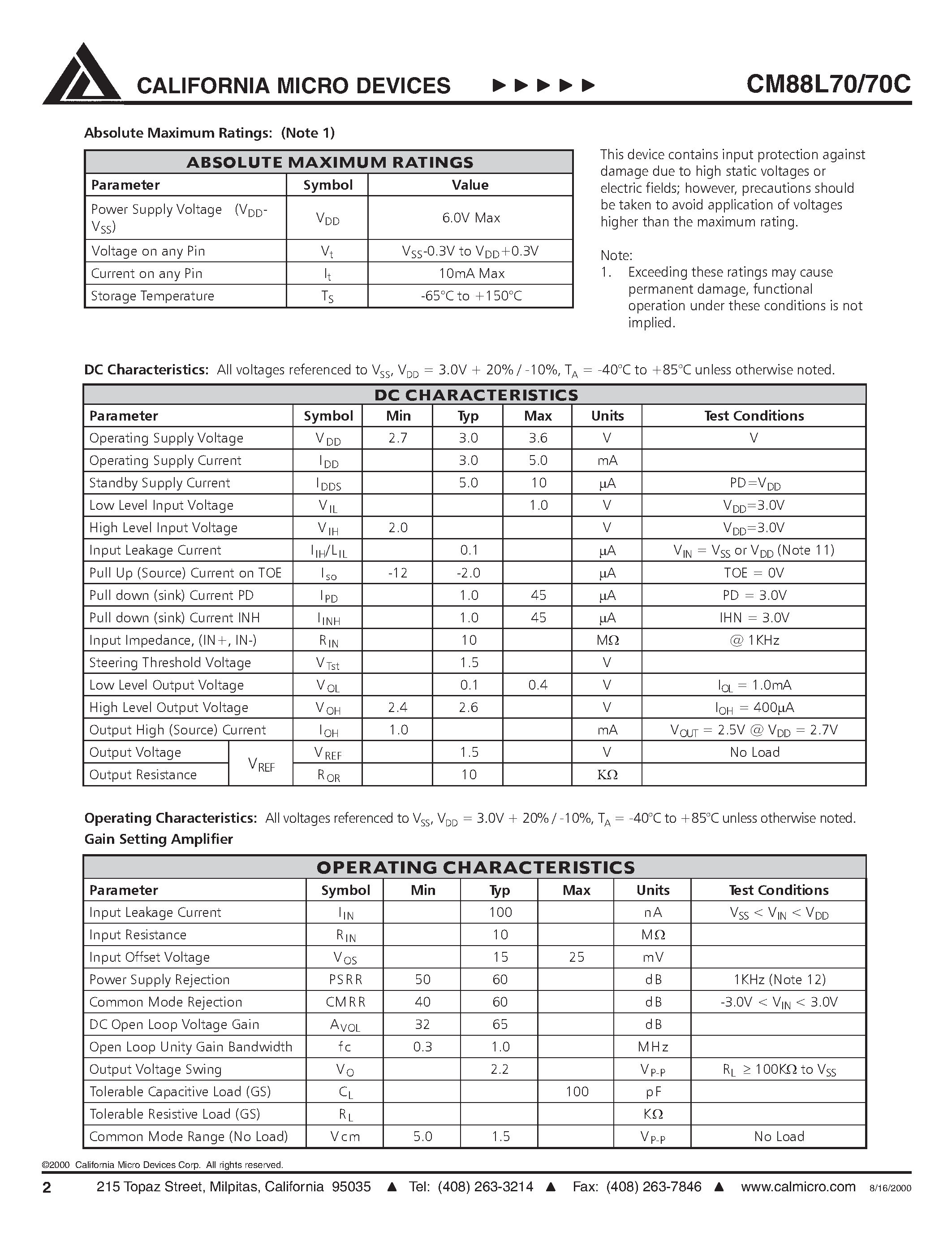 Datasheet CM88L70Q page 2 Datasheet CM88L70Q - CMOS INTEGRATED DTMF RECEIVER/ 3 VOLT VERSION page 2
