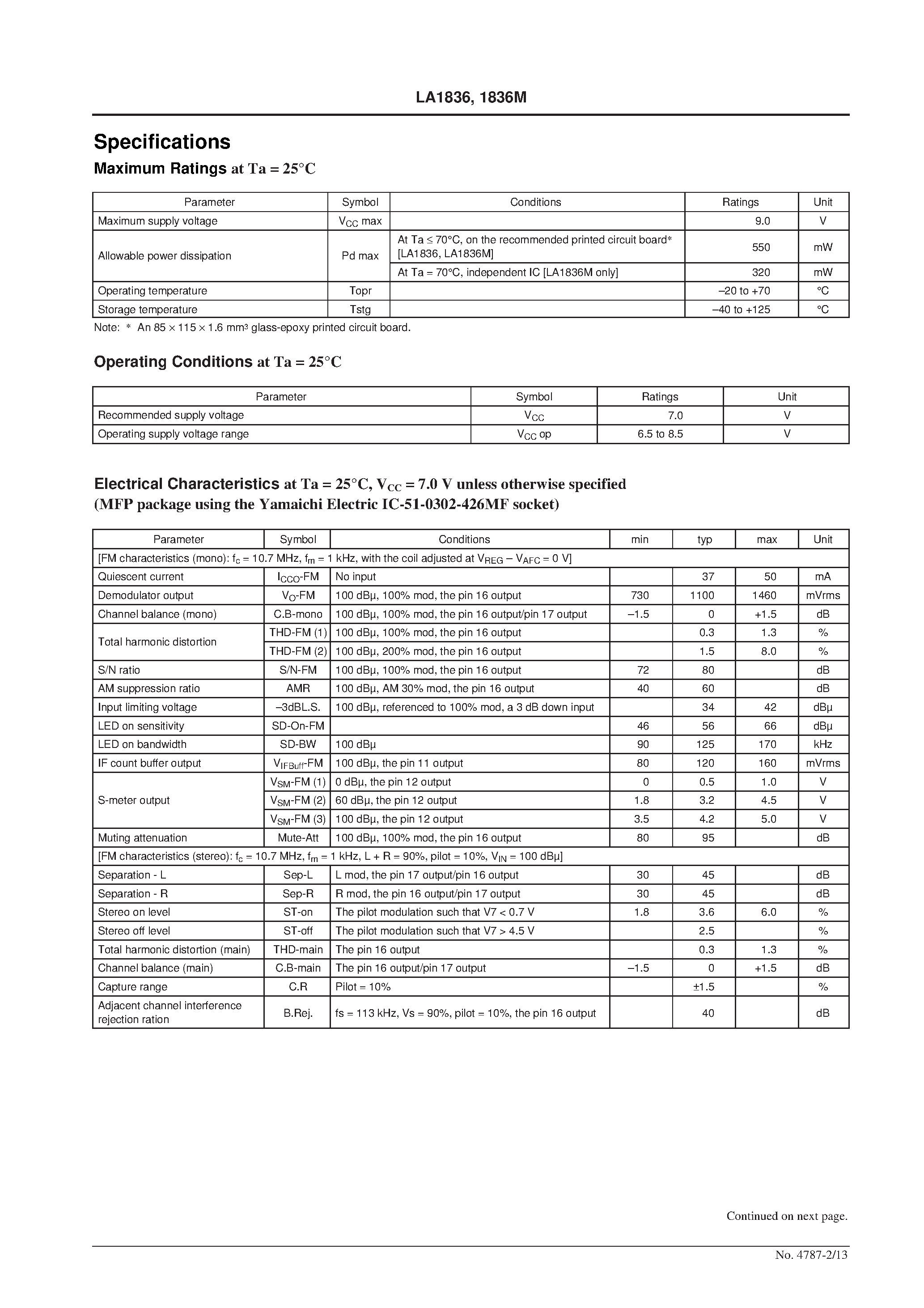 Даташит LA1836M - Single-Chip Home Stereo Electronic Tuning IC страница 2