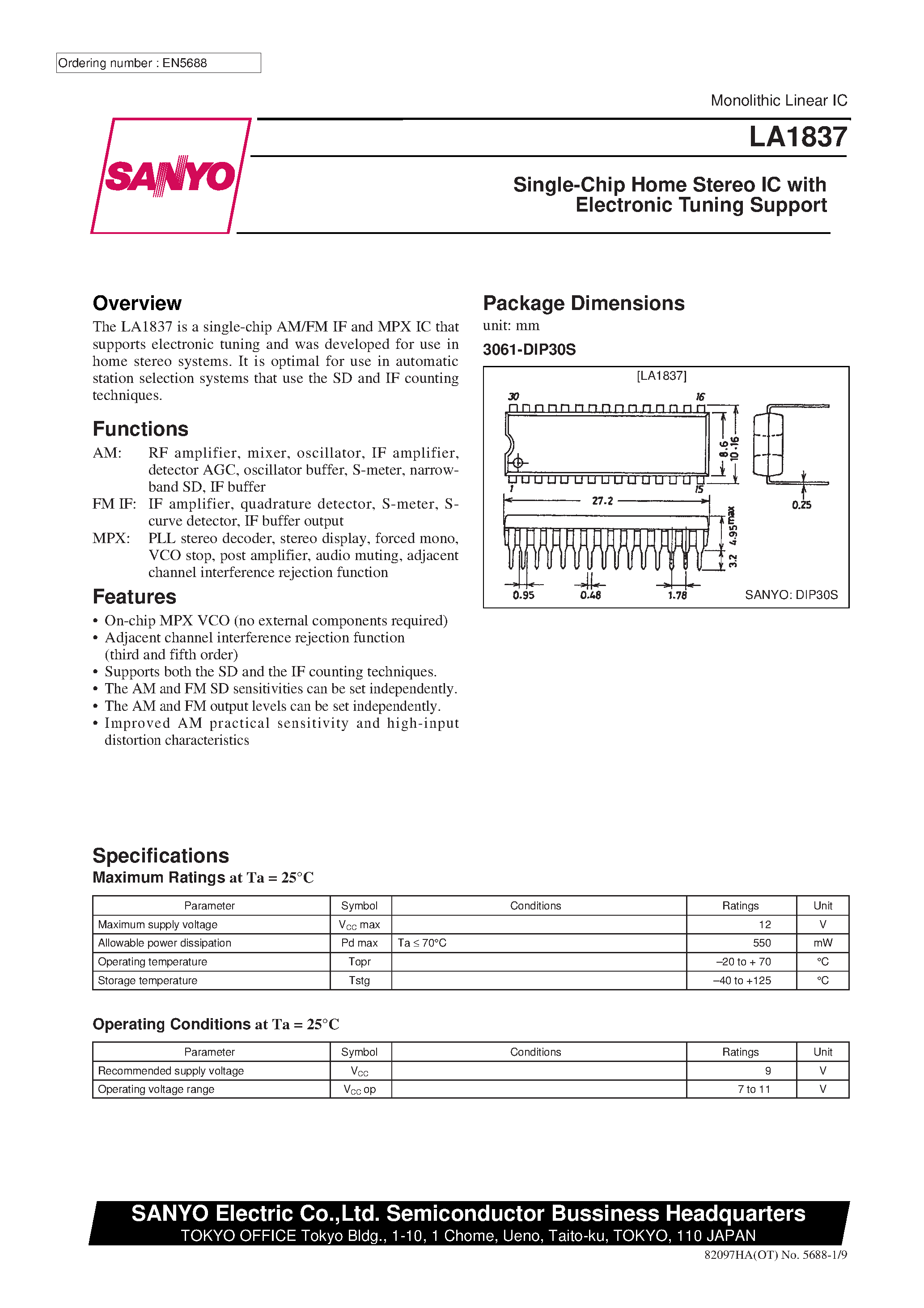 Даташит LA1837 - Single-Chip Home Stereo IC with Electronic Tuning Support страница 1