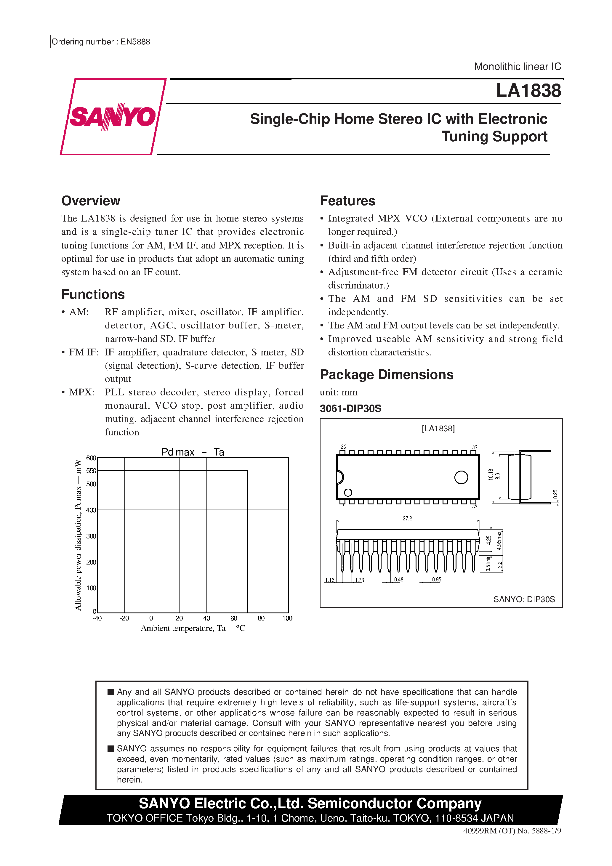 Даташит LA1838 - Single-Chip Home Stereo IC with Electronic Tuning Support страница 1