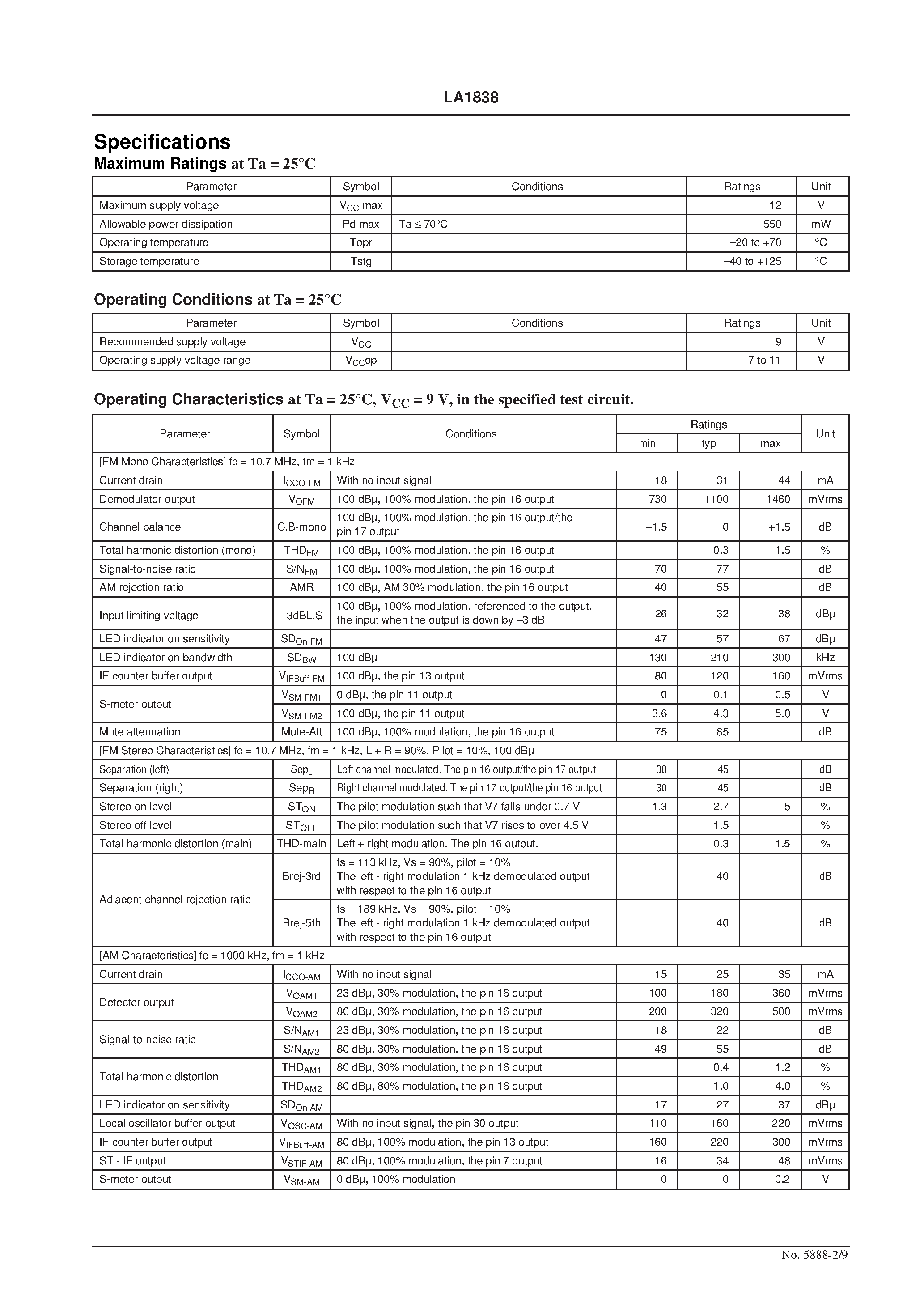 Даташит LA1838 - Single-Chip Home Stereo IC with Electronic Tuning Support страница 2