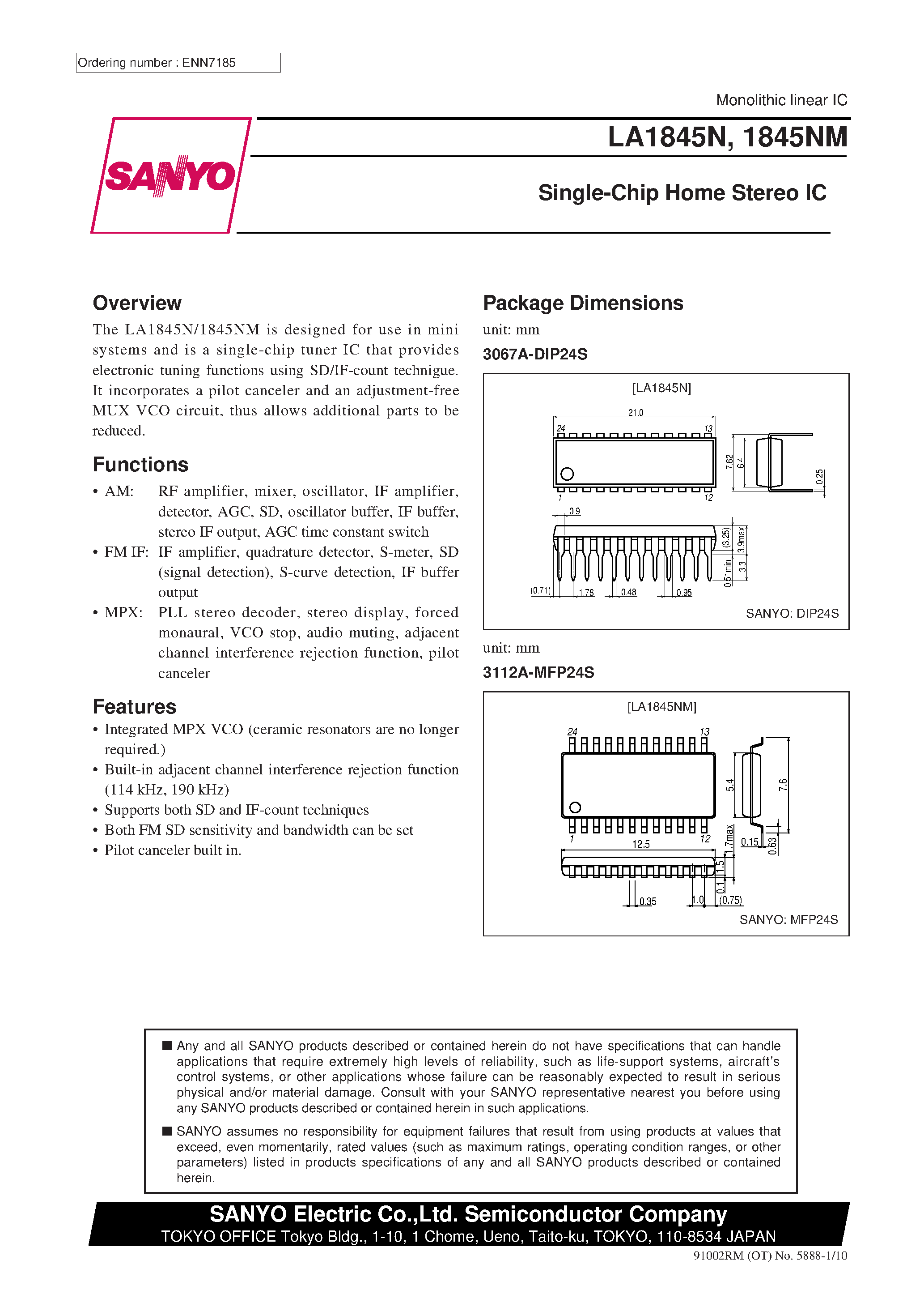 Даташит LA1845N - Single-Chip Home Stereo IC страница 1