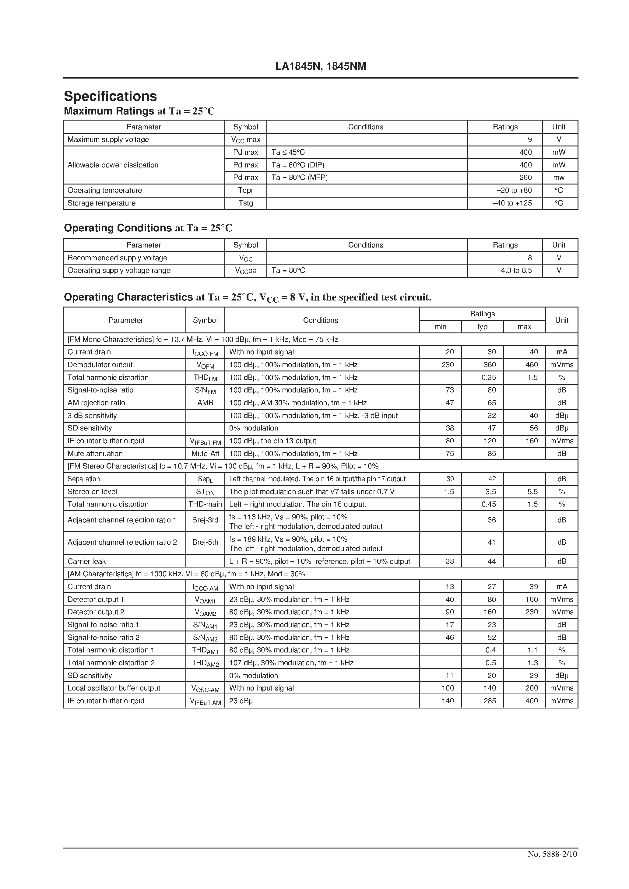 Даташит LA1845N - Single-Chip Home Stereo IC страница 2