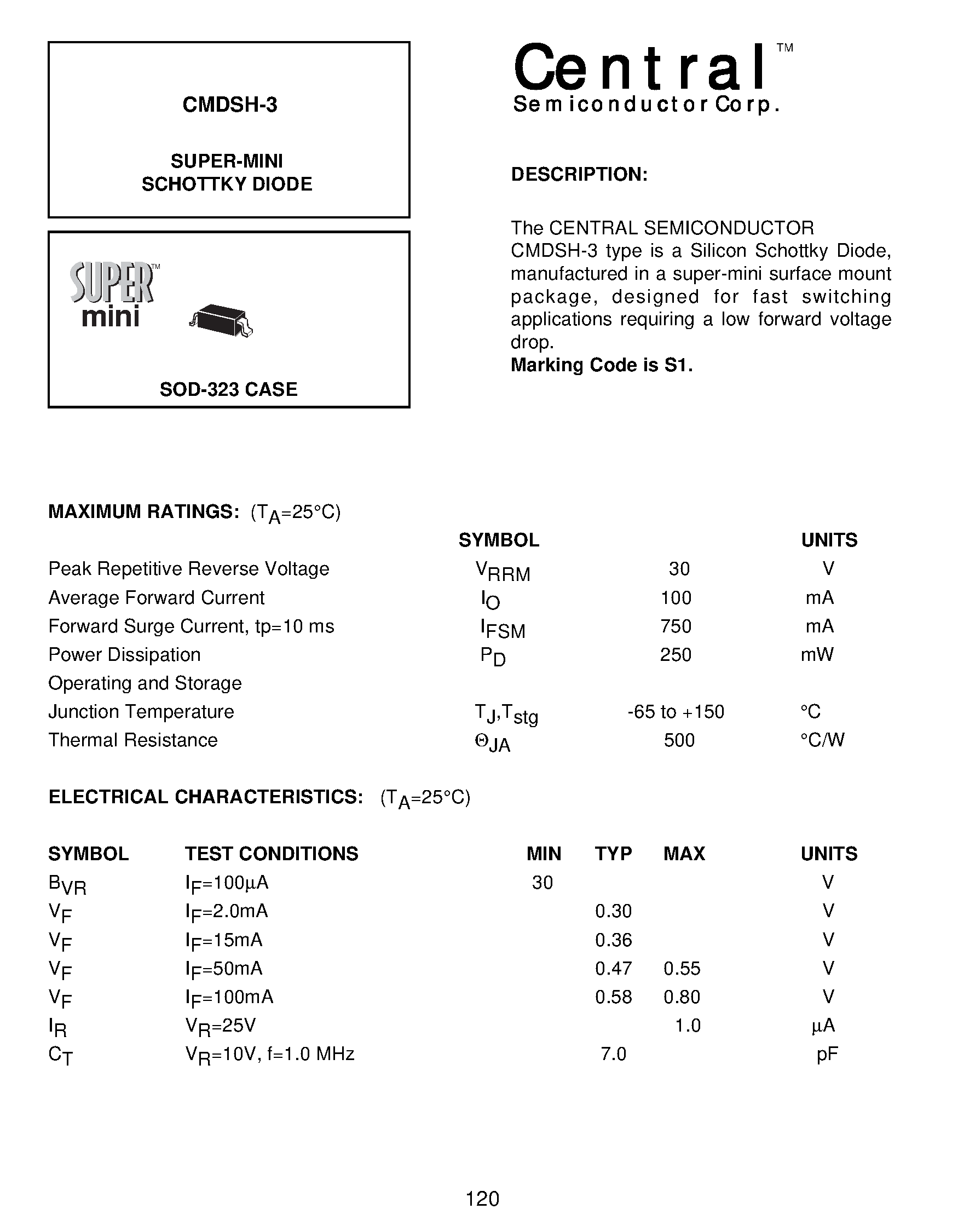 Datasheet CMDSH-3 - SUPER-MINI SCHOTTKY DIODE page 1