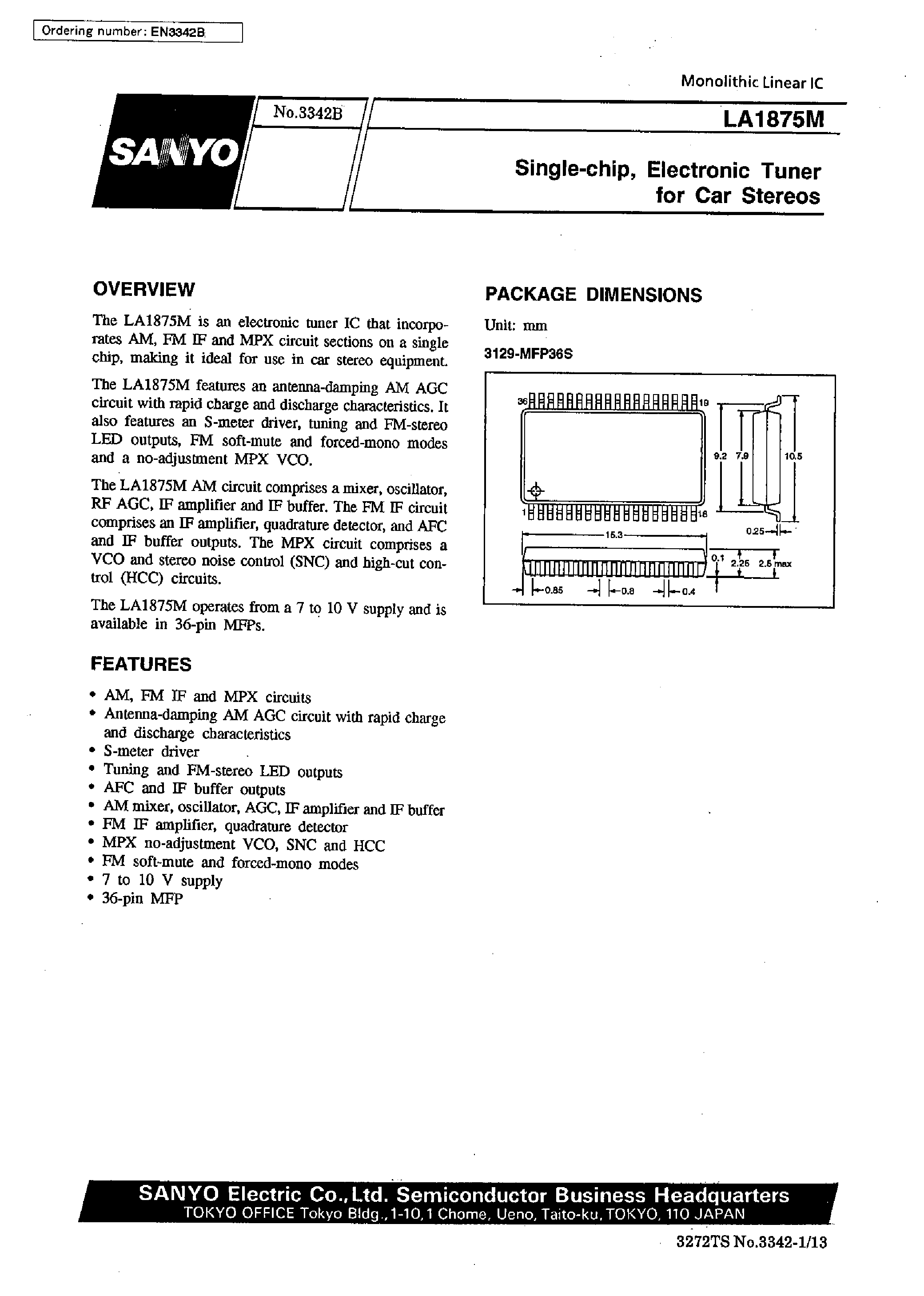 Даташит на микросхему LA1875 страница 1 Даташит LA1875 - Single-Chip/ Electronic Tuner for Car Stereo страница 1