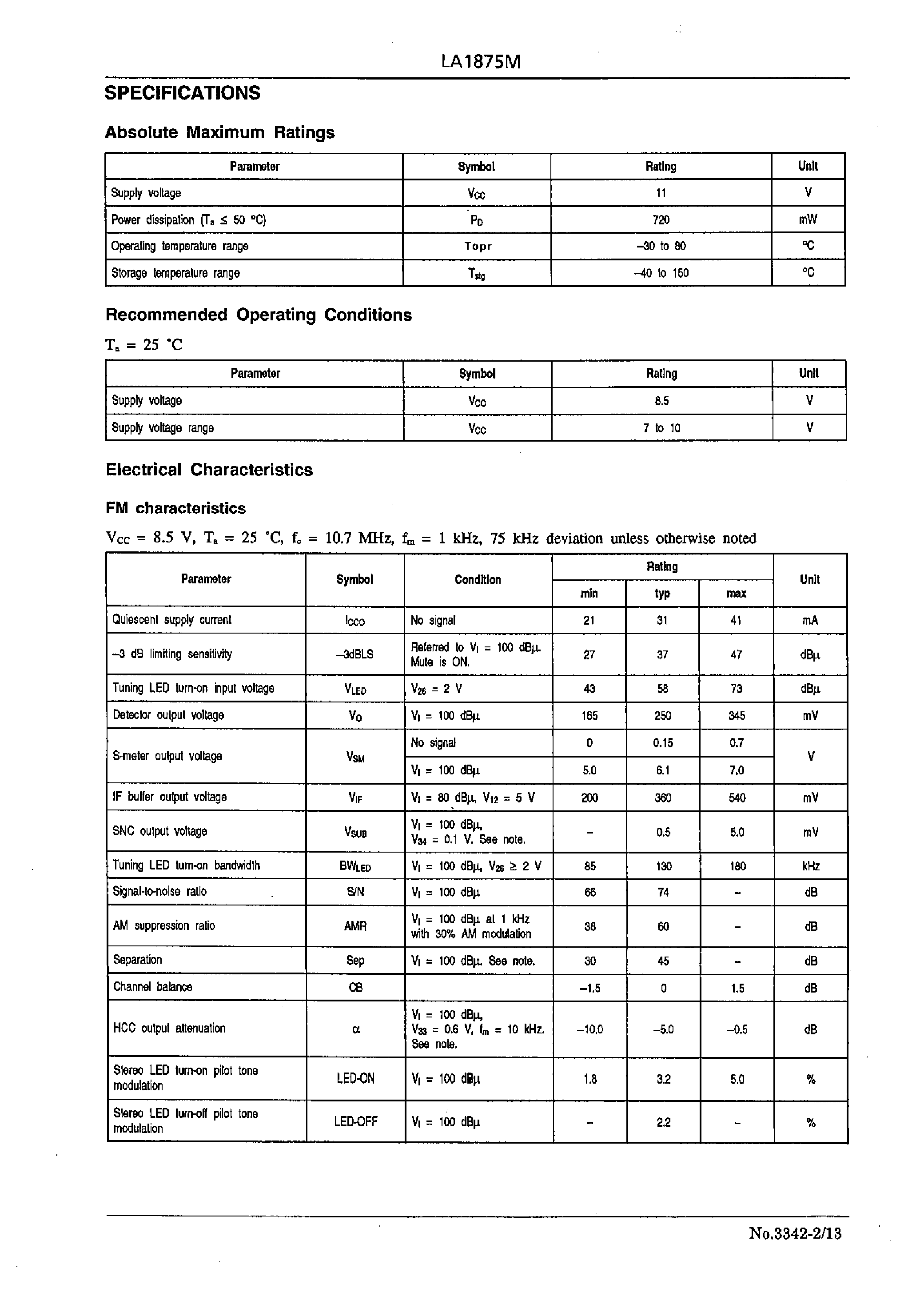 Даташит LA1875M - Single-Chip/ Electronic Tuner for Car Stereo страница 2