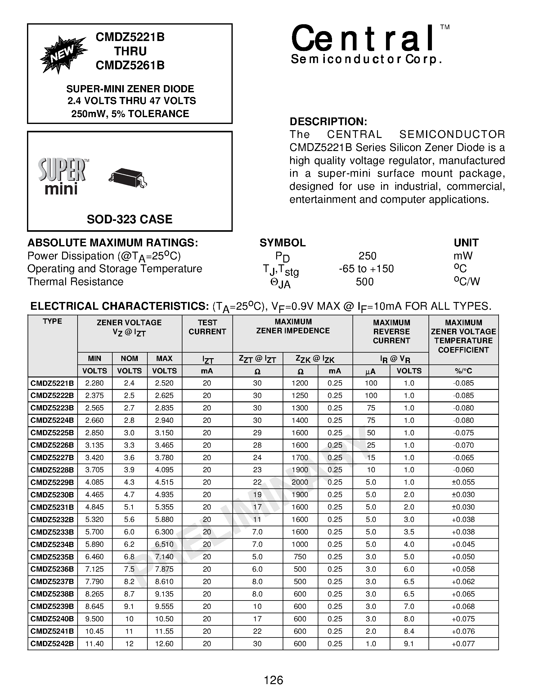Datasheet CMDZ5237B - SUPER-MINI ZENER DIODE 2.4 VOLTS THRU 47 VOLTS 250mW/ 5% TOLERANCE page 1