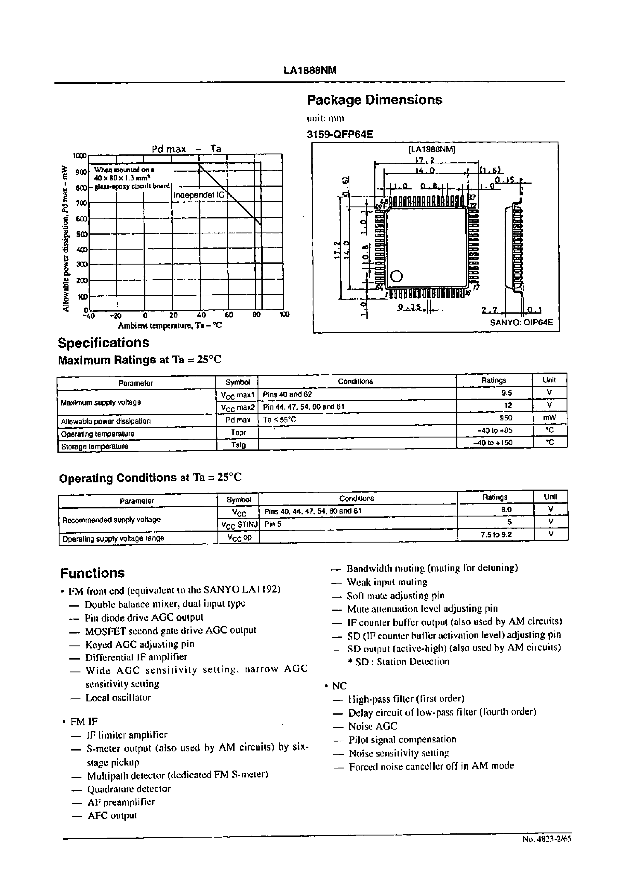Даташит LA1888 - Car Stereo Single-Chip Tuner IC страница 2