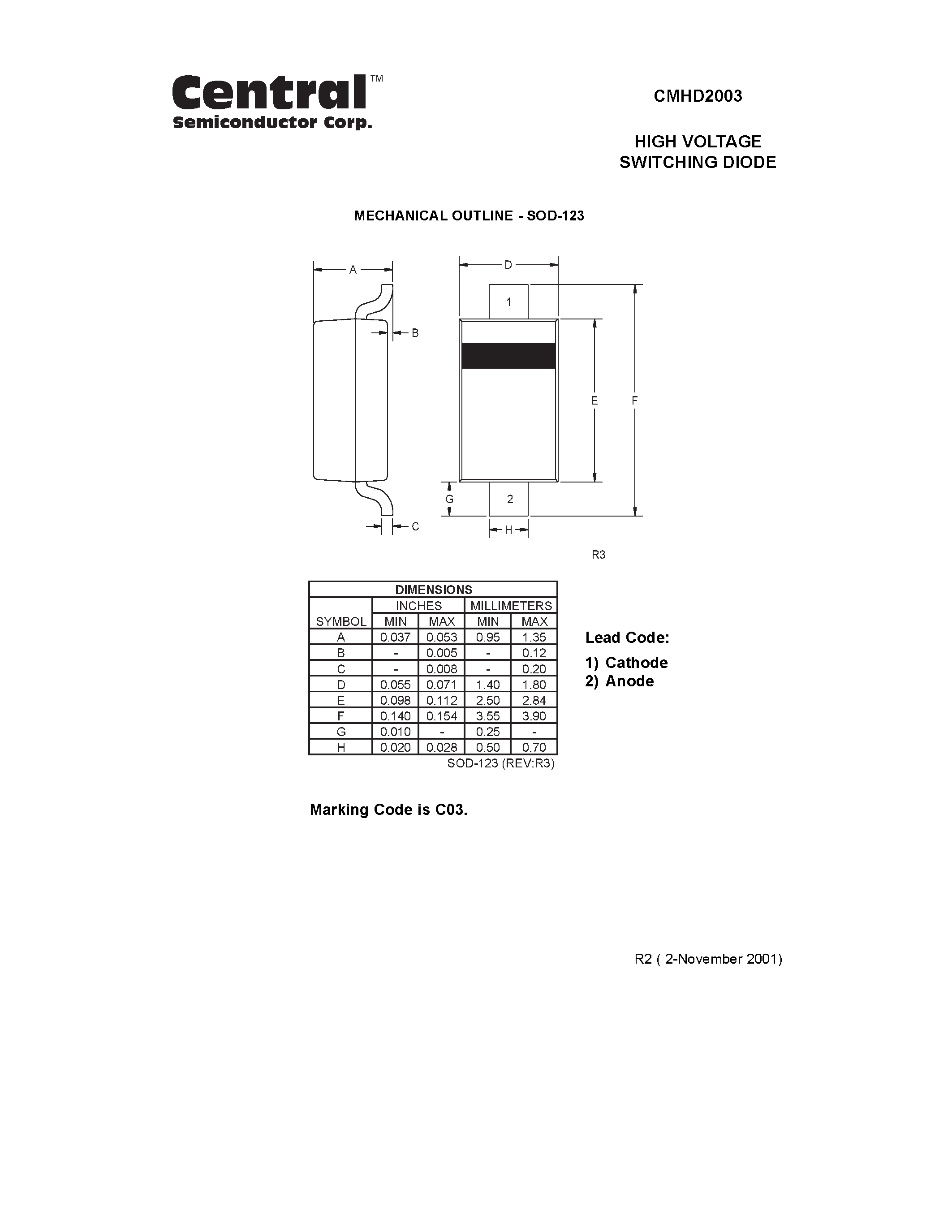 Даташит на микросхему CMHD2003 страница 2 Даташит CMHD2003 - HIGH VOLTAGE SWITCHING DIODE страница 2