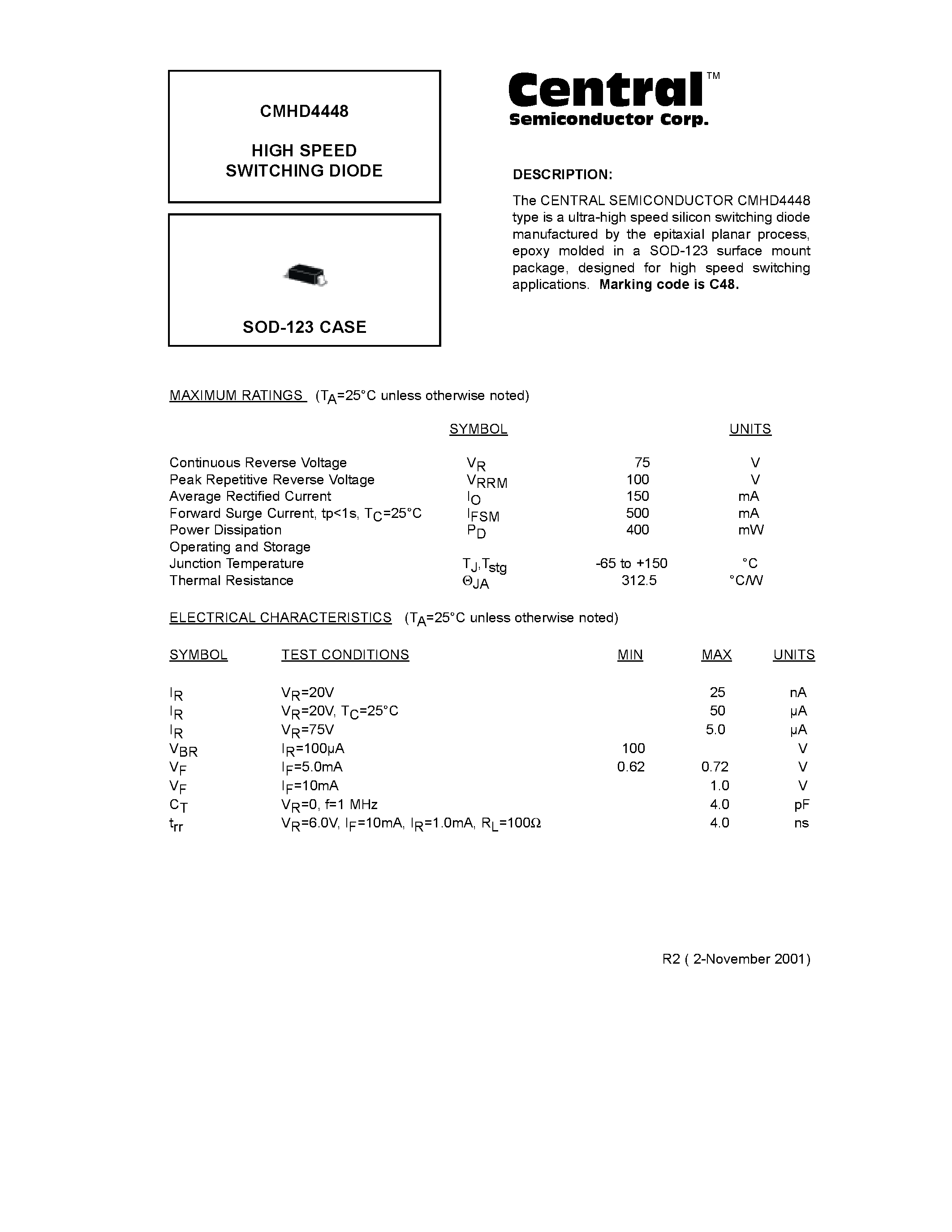 Даташит на микросхему CMHD4448 страница 1 Даташит CMHD4448 - HIGH SPEED SWITCHING DIODE страница 1