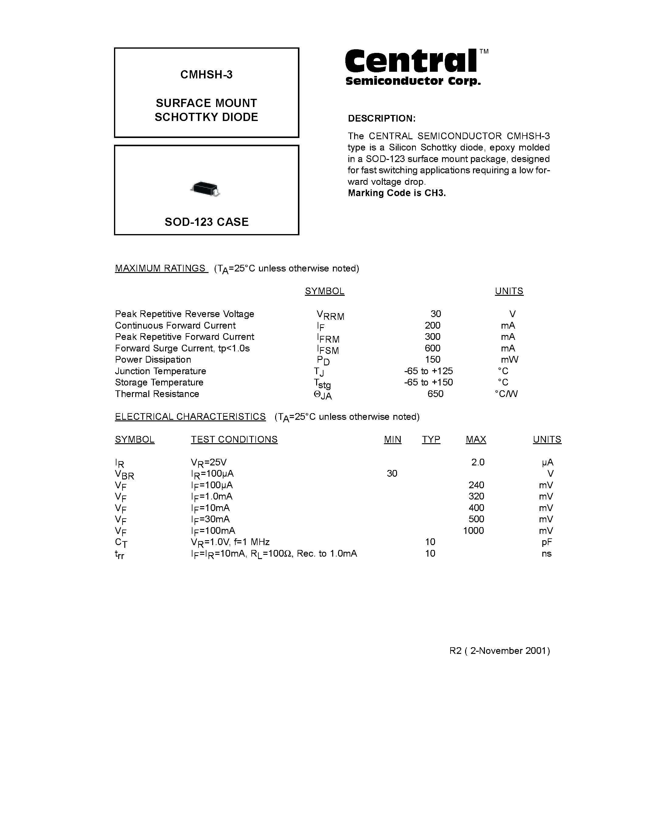 Datasheet CMHSH-3 - SURFACE MOUNT SCHOTTKY DIODE page 1