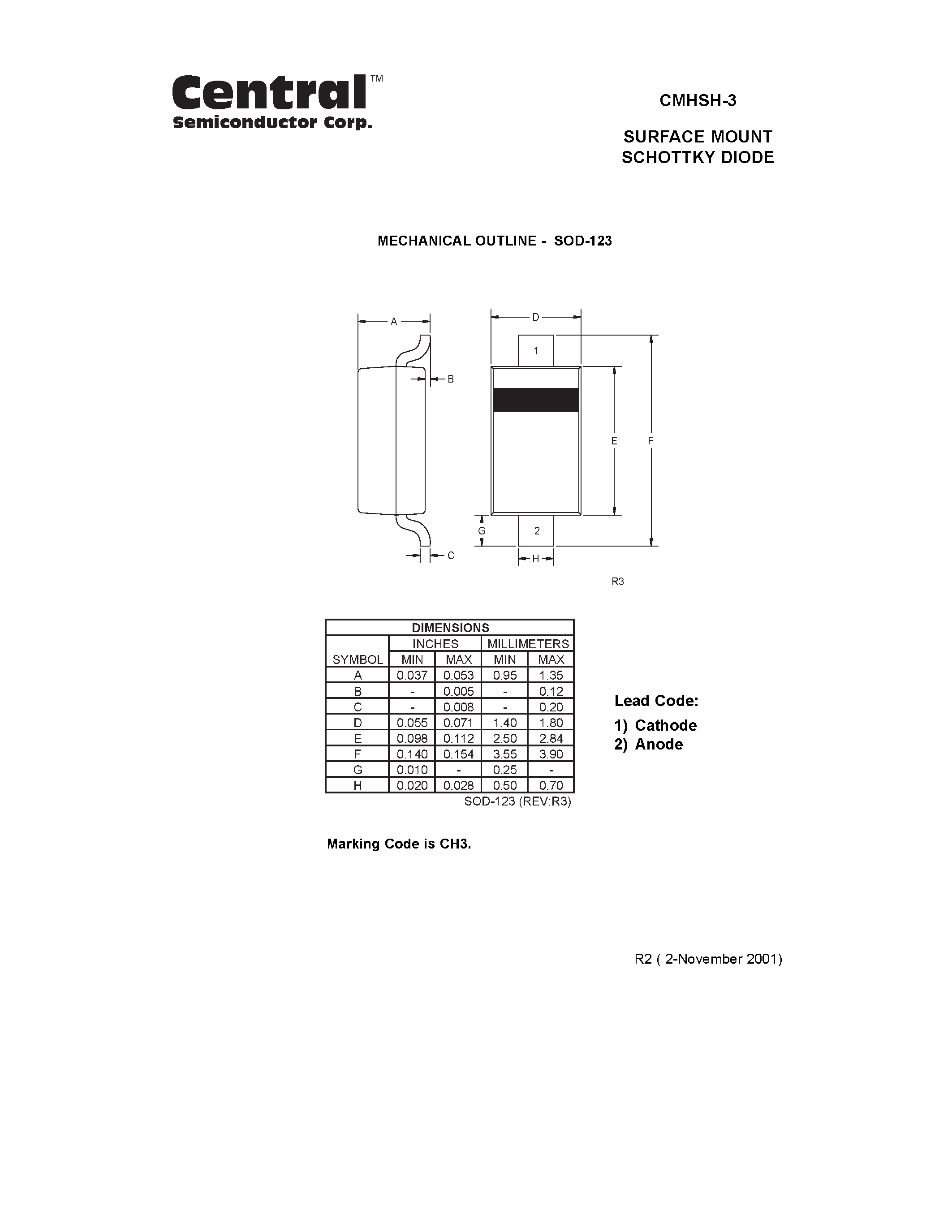 Datasheet CMHSH-3 - SURFACE MOUNT SCHOTTKY DIODE page 2