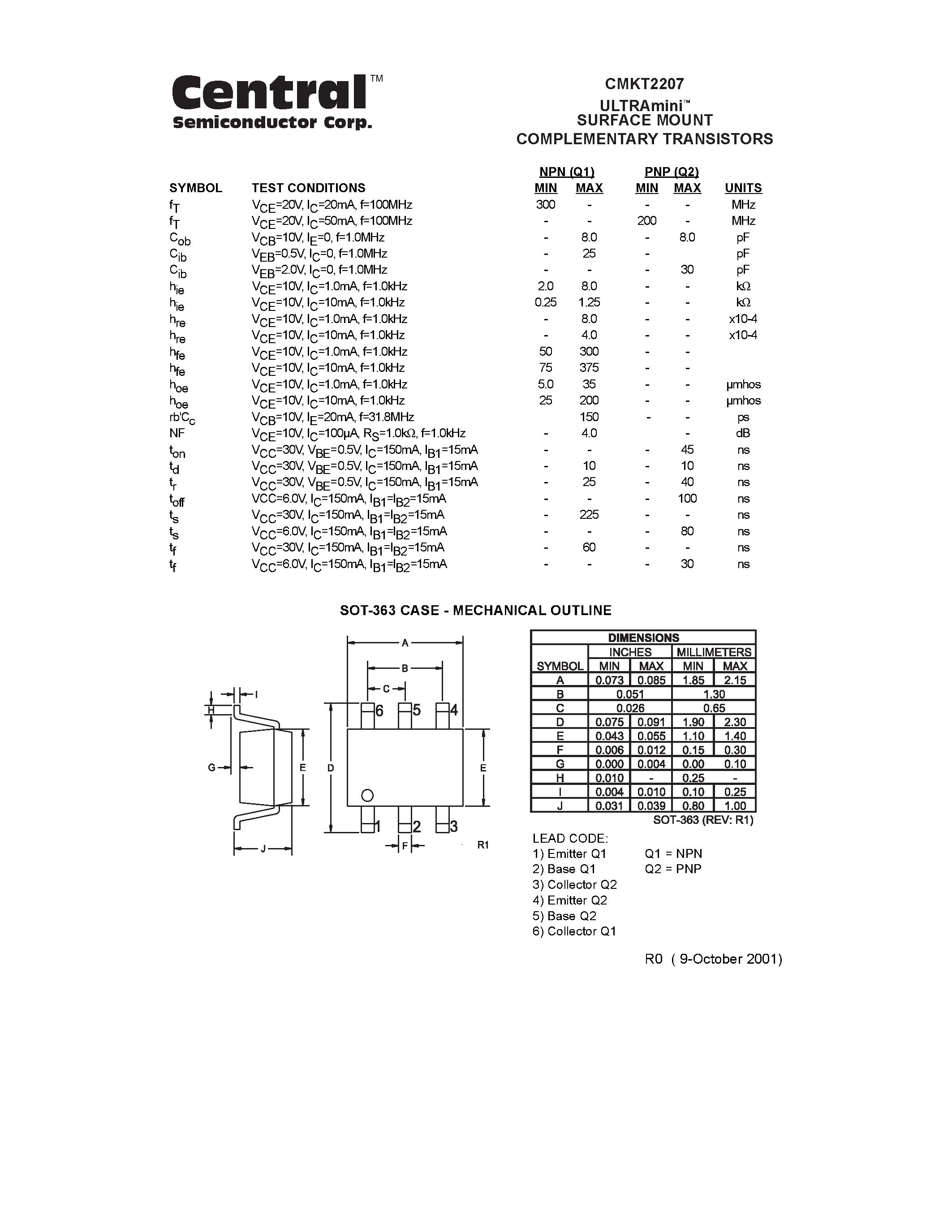 Даташит CMKT2207 - ULTRAmini. SURFACE MOUNT COMPLEMENTARY TRANSISTORS страница 2