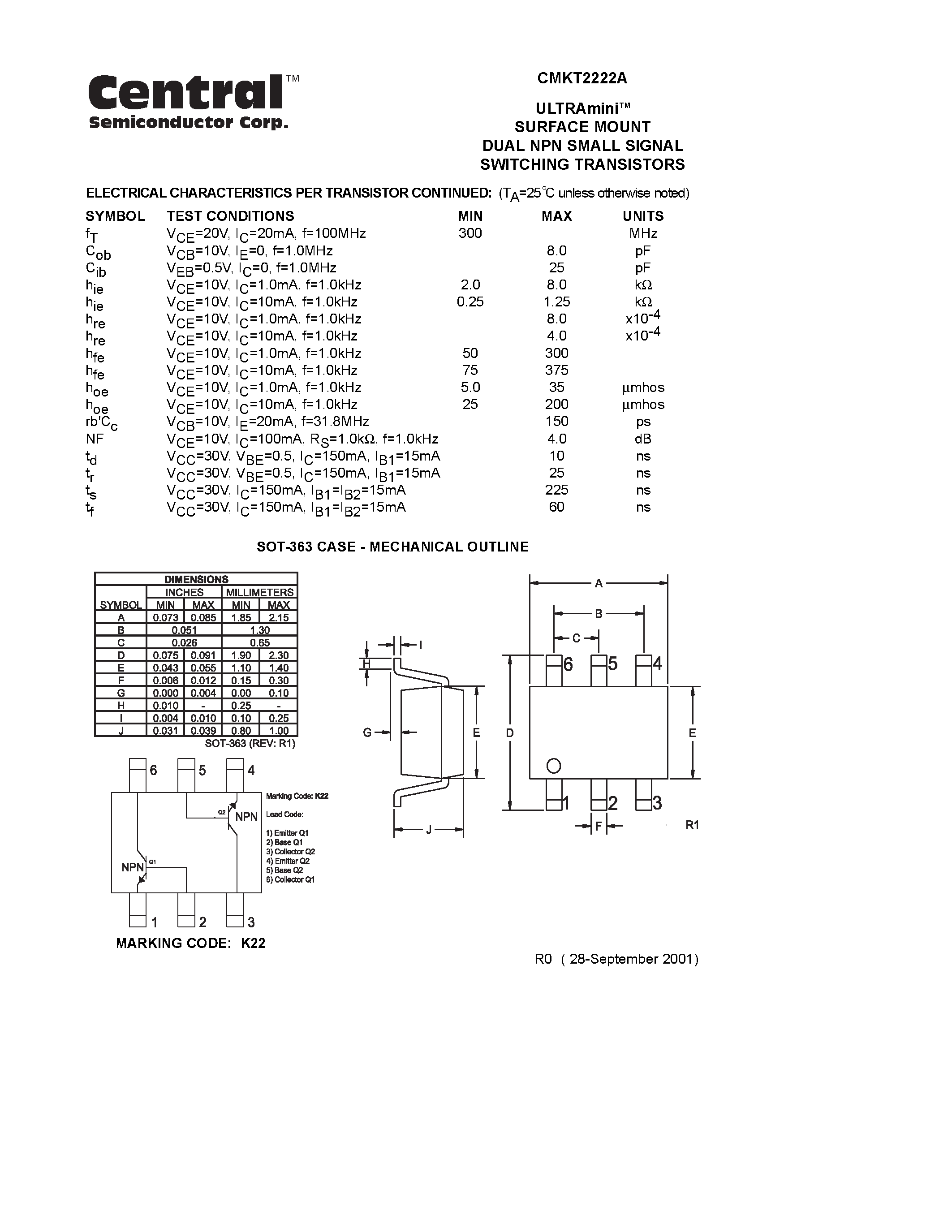 Даташит CMKT2222A - ULTRAminiTM SURFACE MOUNT DUAL NPN SMALL SIGNAL SWITCHING TRANSISTORS страница 2