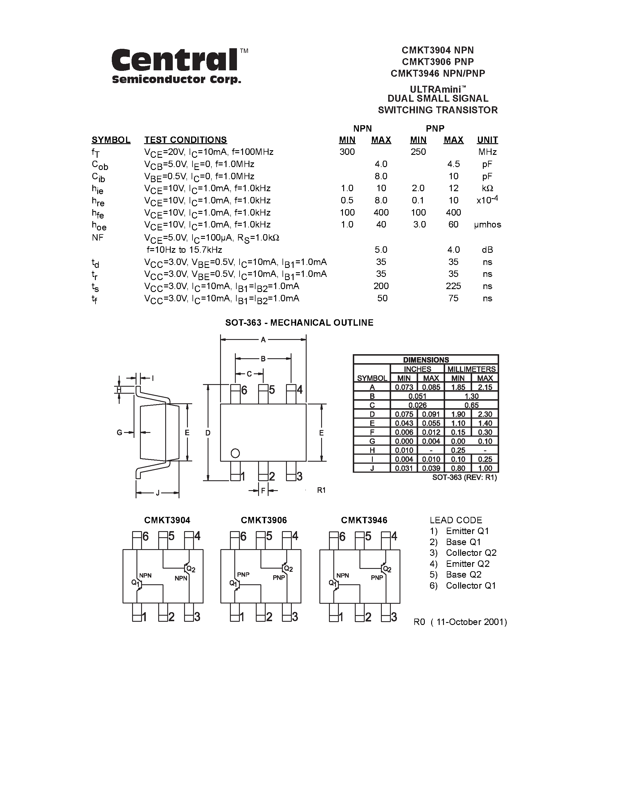 Даташит на микросхему CMKT3904 страница 2 Даташит CMKT3904 - ULTRAmini. DUAL SMALL SIGNAL SWITCHING TRANSISTOR страница 2