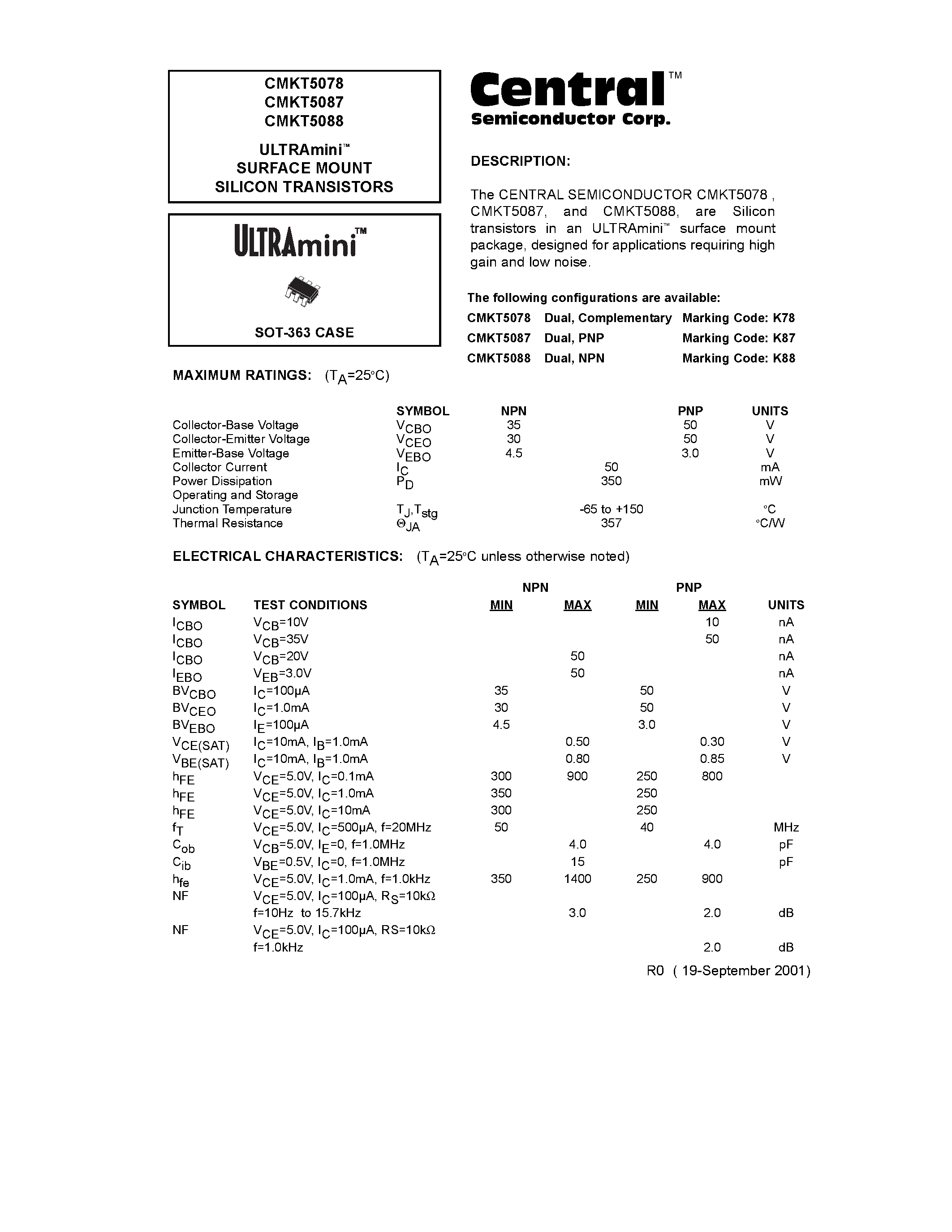 Даташит CMKT5088 - ULTRAmini. SURFACE MOUNT SILICON TRANSISTORS страница 1
