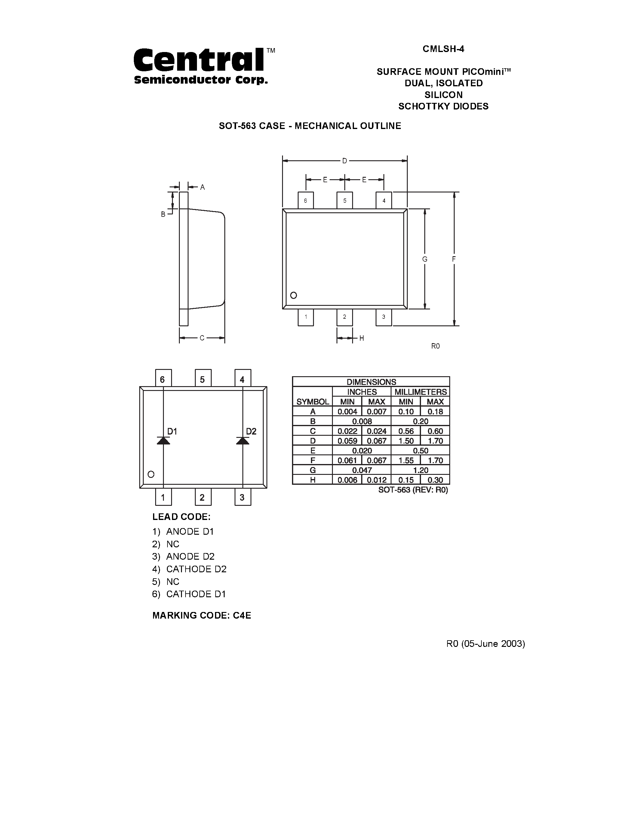 Datasheet CMLSH-4 page 2 Datasheet CMLSH-4 - SURFACE MOUNT PICOmini DUAL/ ISOLATED SILICON SCHOTTKY DIODES page 2