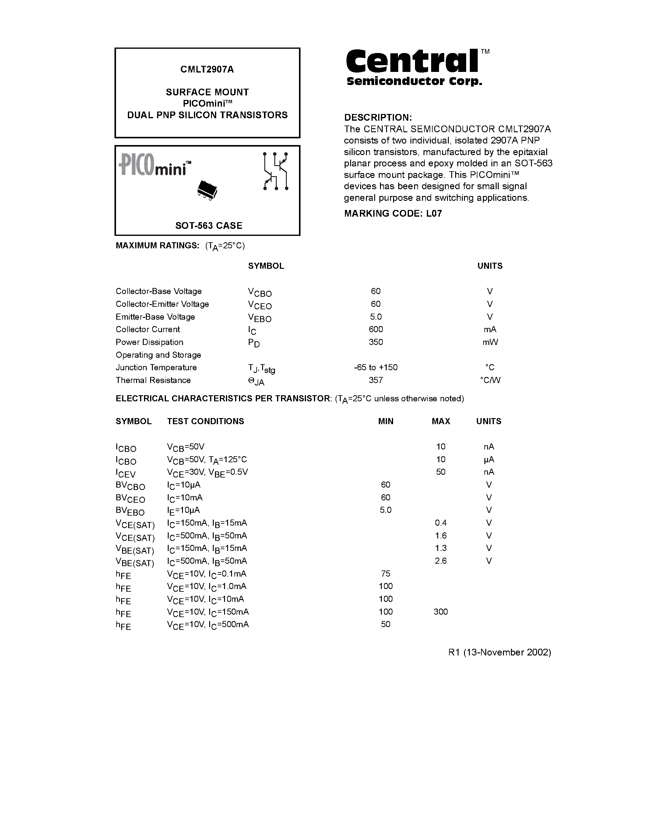 Даташит CMLT2907A - SURFACE MOUNT DUAL PNP SILICON TRANSISTORS страница 1