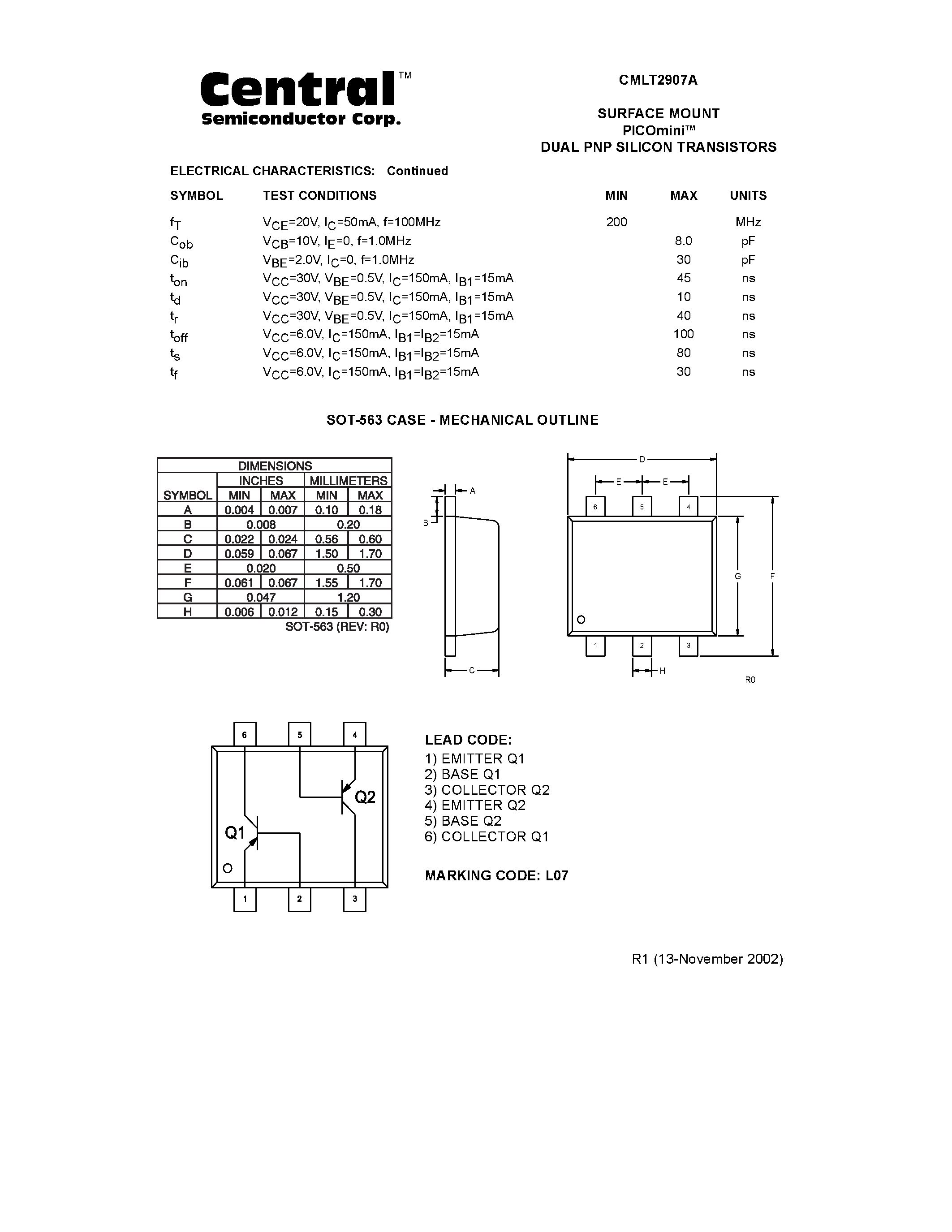 Даташит CMLT2907A - SURFACE MOUNT DUAL PNP SILICON TRANSISTORS страница 2