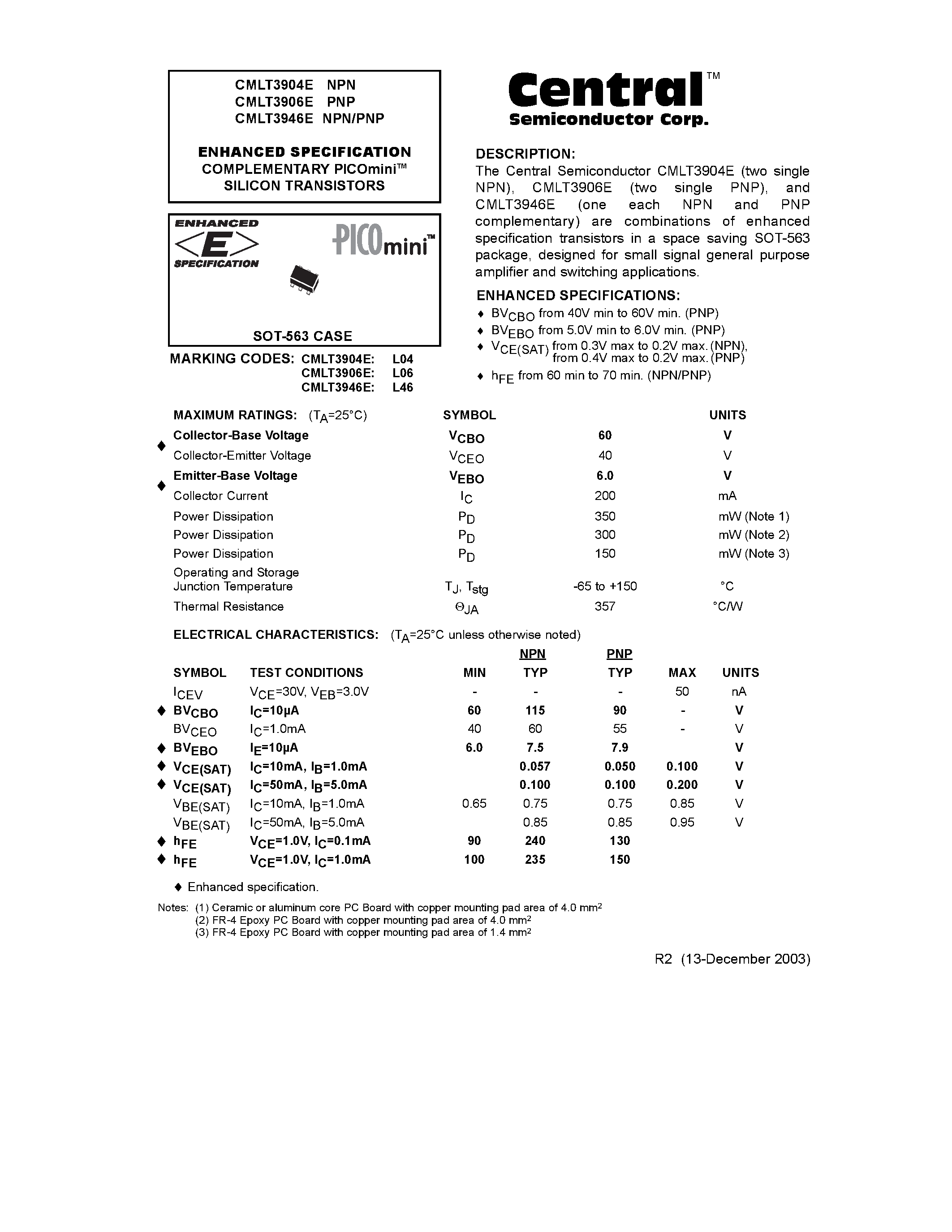 Даташит CMLT3946E - ENHANCED SPECIFICATION COMPLEMENTARY PICOmini SILICON TRANSISTORS страница 1
