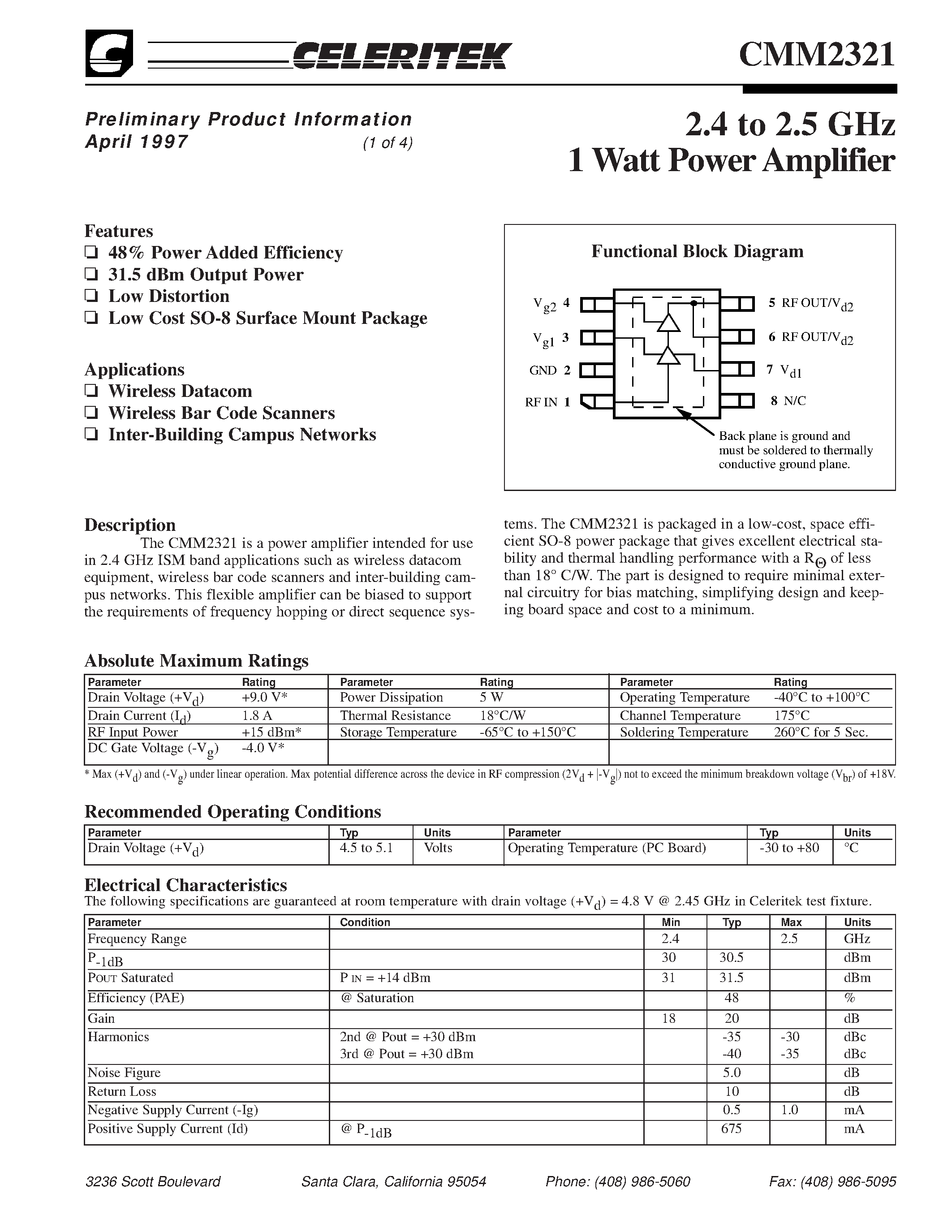 Даташит на микросхему CMM2321-AK страница 1 Даташит CMM2321-AK - 2.4 to 2.5 GHz 1 Watt Power Amplifier страница 1