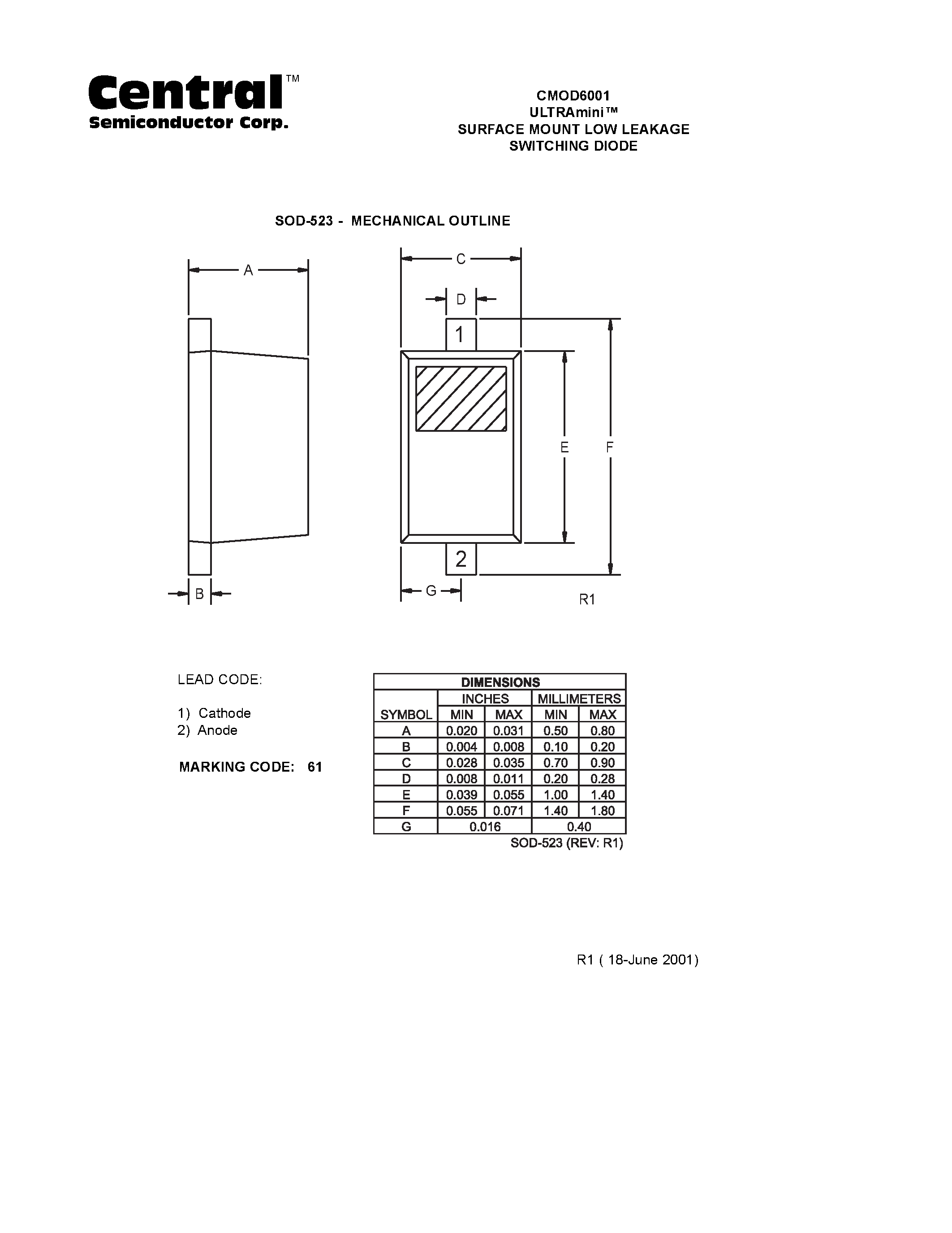 Даташит на микросхему CMOD6001 страница 2 Даташит CMOD6001 - ULTRAmini. SURFACE MOUNT LOW LEAKAGE SWITCHING DIODE страница 2