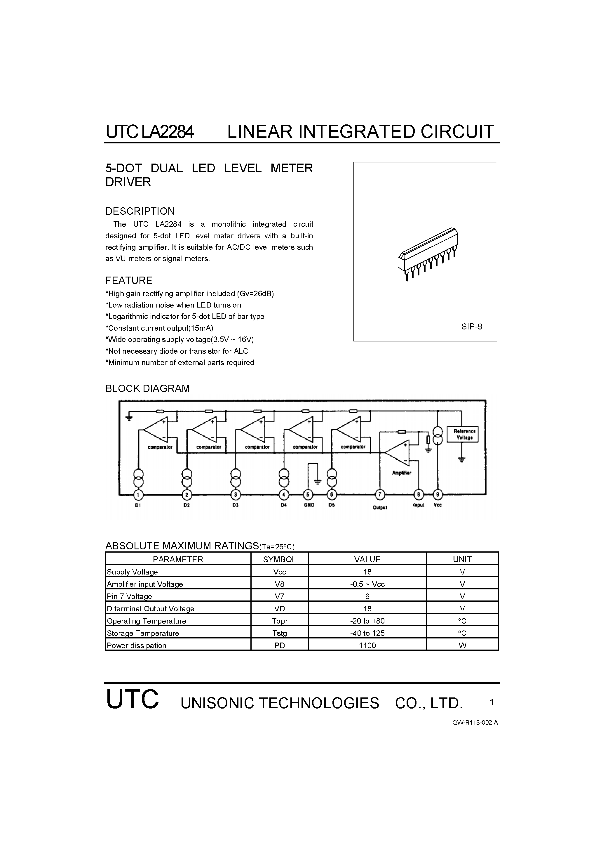 Даташит на микросхему LA2284 страница 1 Даташит LA2284 - 5-DOT DUAL LED LEVEL METER DRIVER страница 1