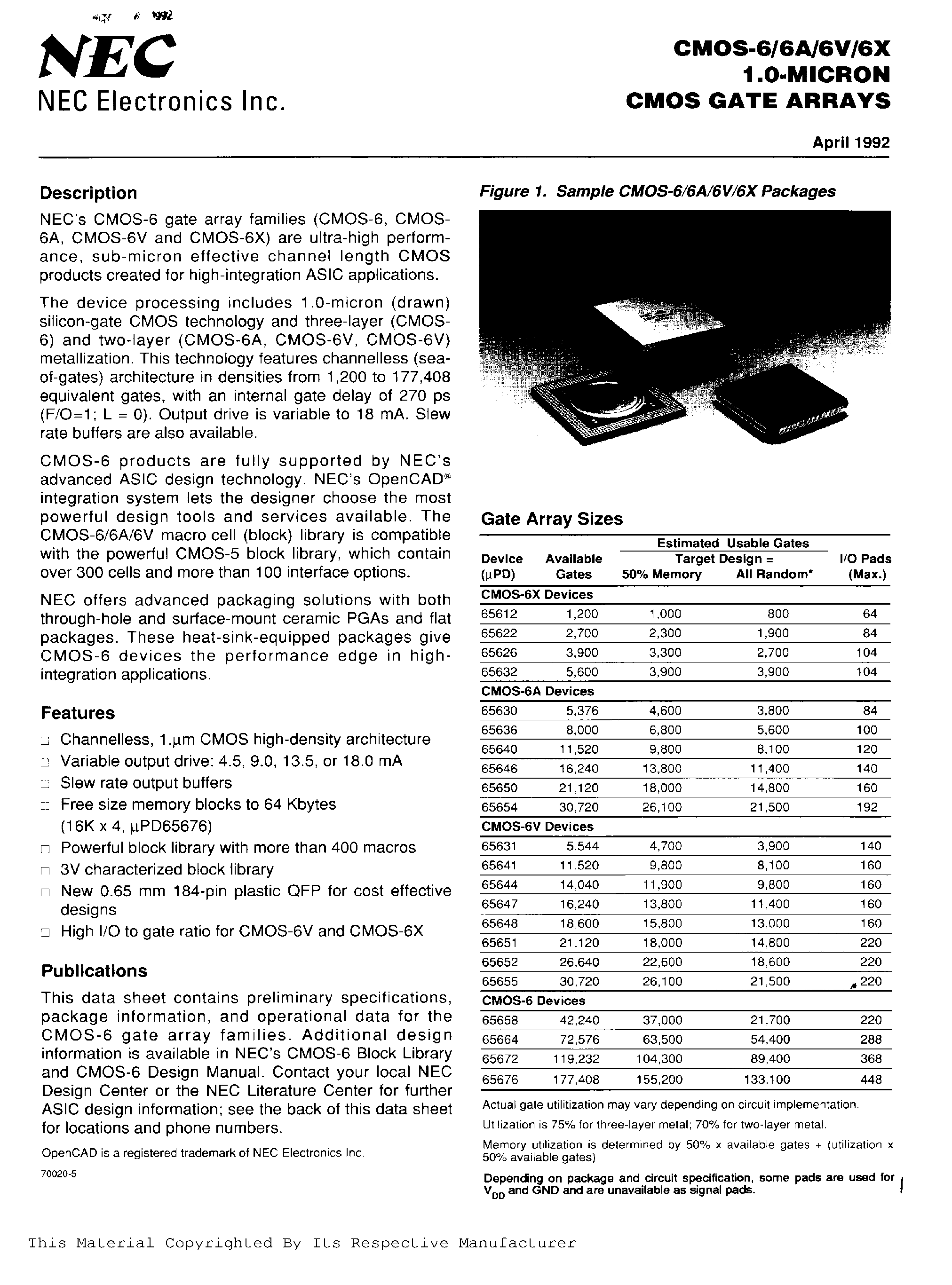 Datasheet CMOS-6A page 1 Datasheet CMOS-6A - 1.0-MICRON CMOS GATE ARRAYS page 1