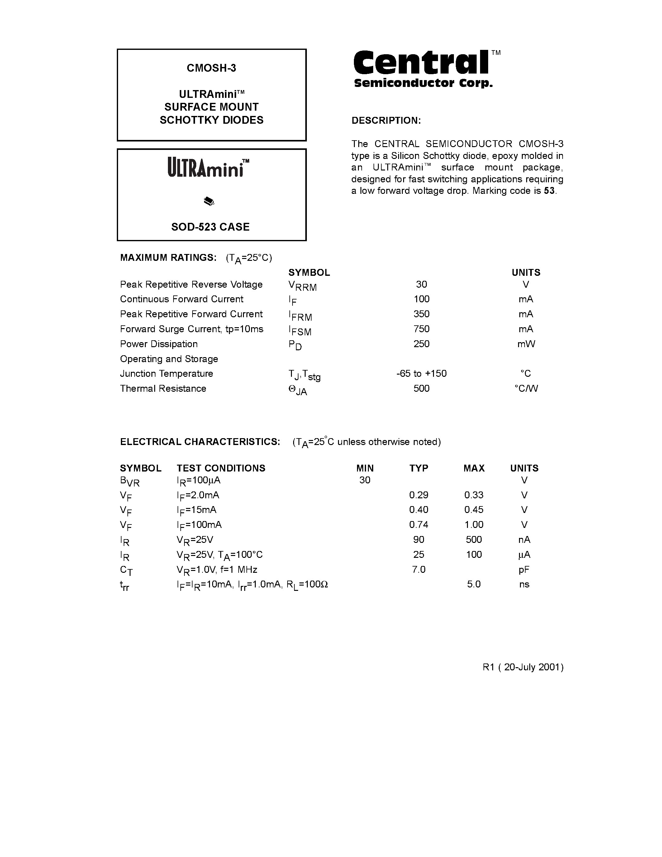 Datasheet CMOSH-3 - ULTRAminiTM SURFACE MOUNT SCHOTTKY DIODES page 1