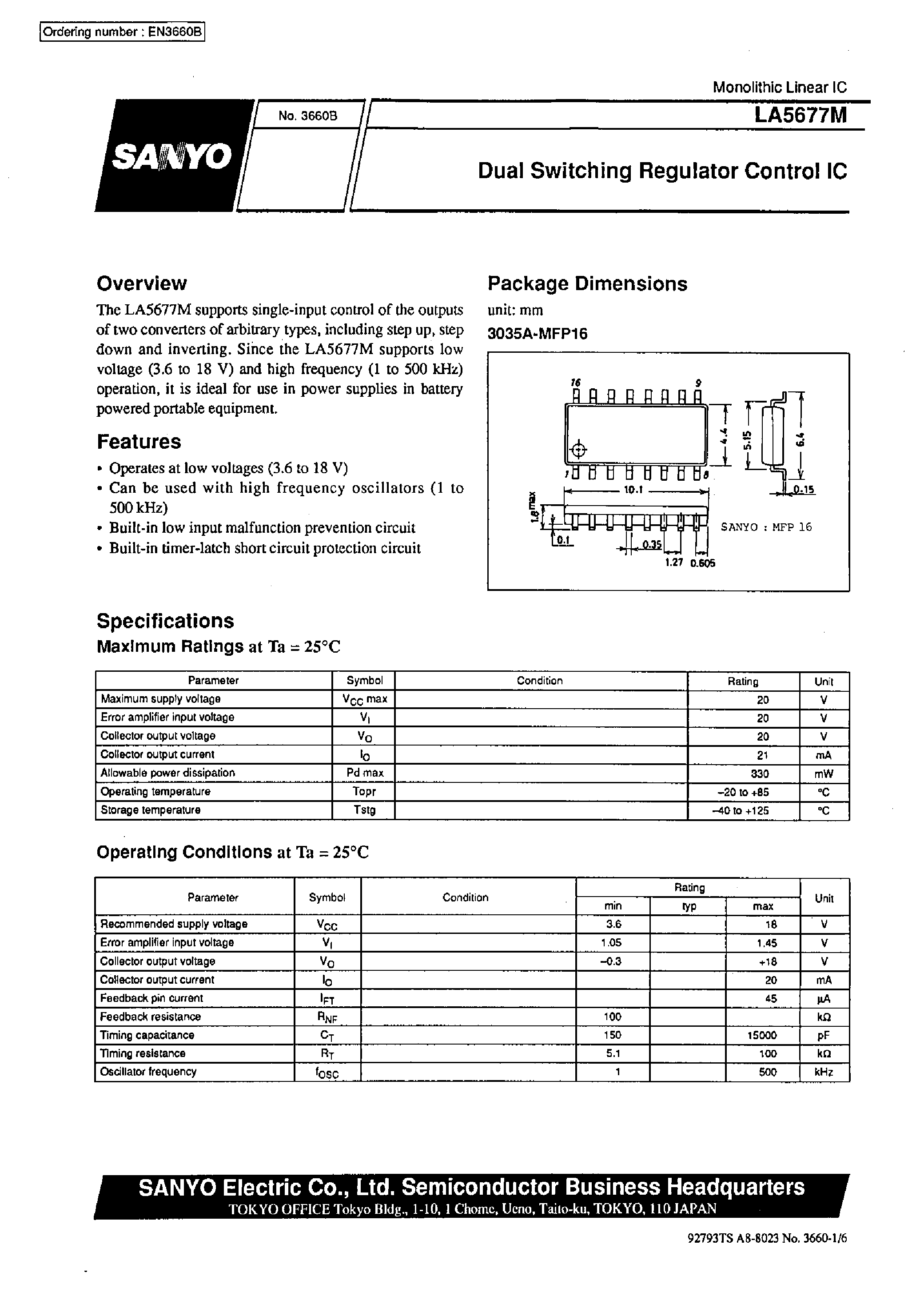 Datasheet LA2377M page 1 Datasheet LA2377M - Dual Switching Regulator Control IC page 1