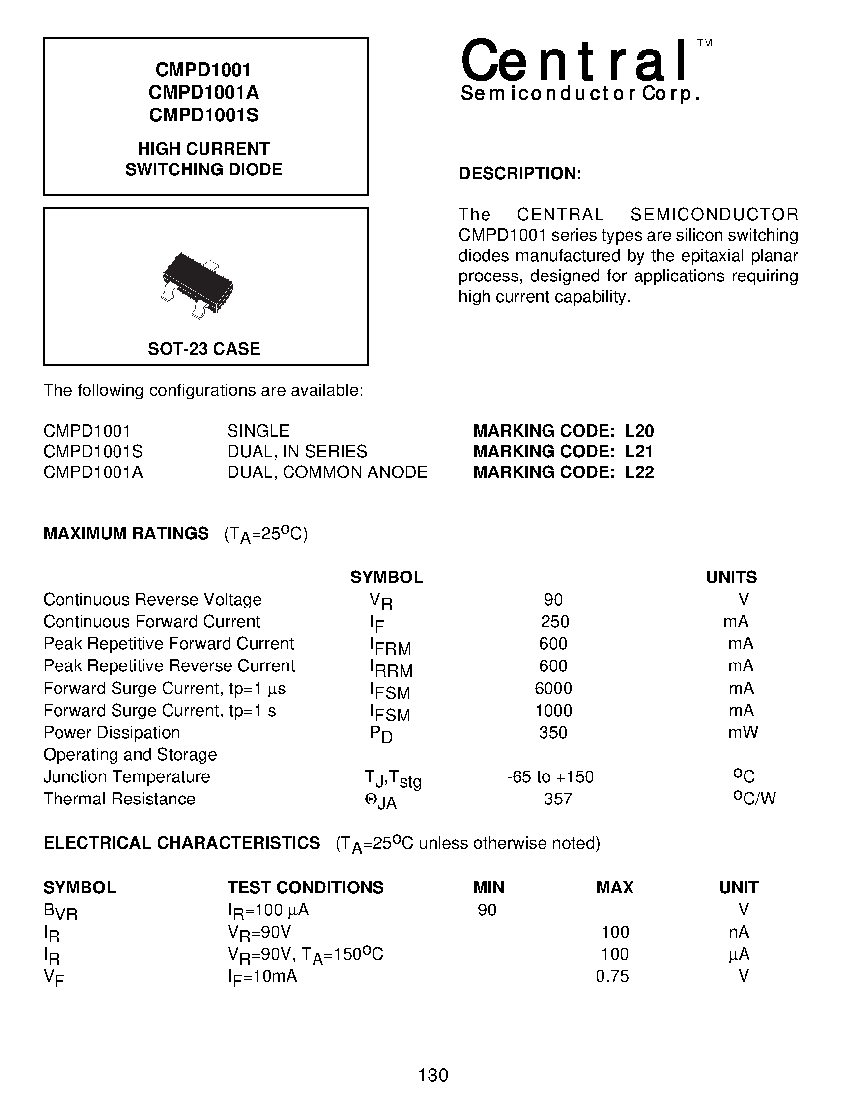 Даташит на микросхему CMPD1001 страница 1 Даташит CMPD1001 - HIGH CURRENT SWITCHING DIODE страница 1