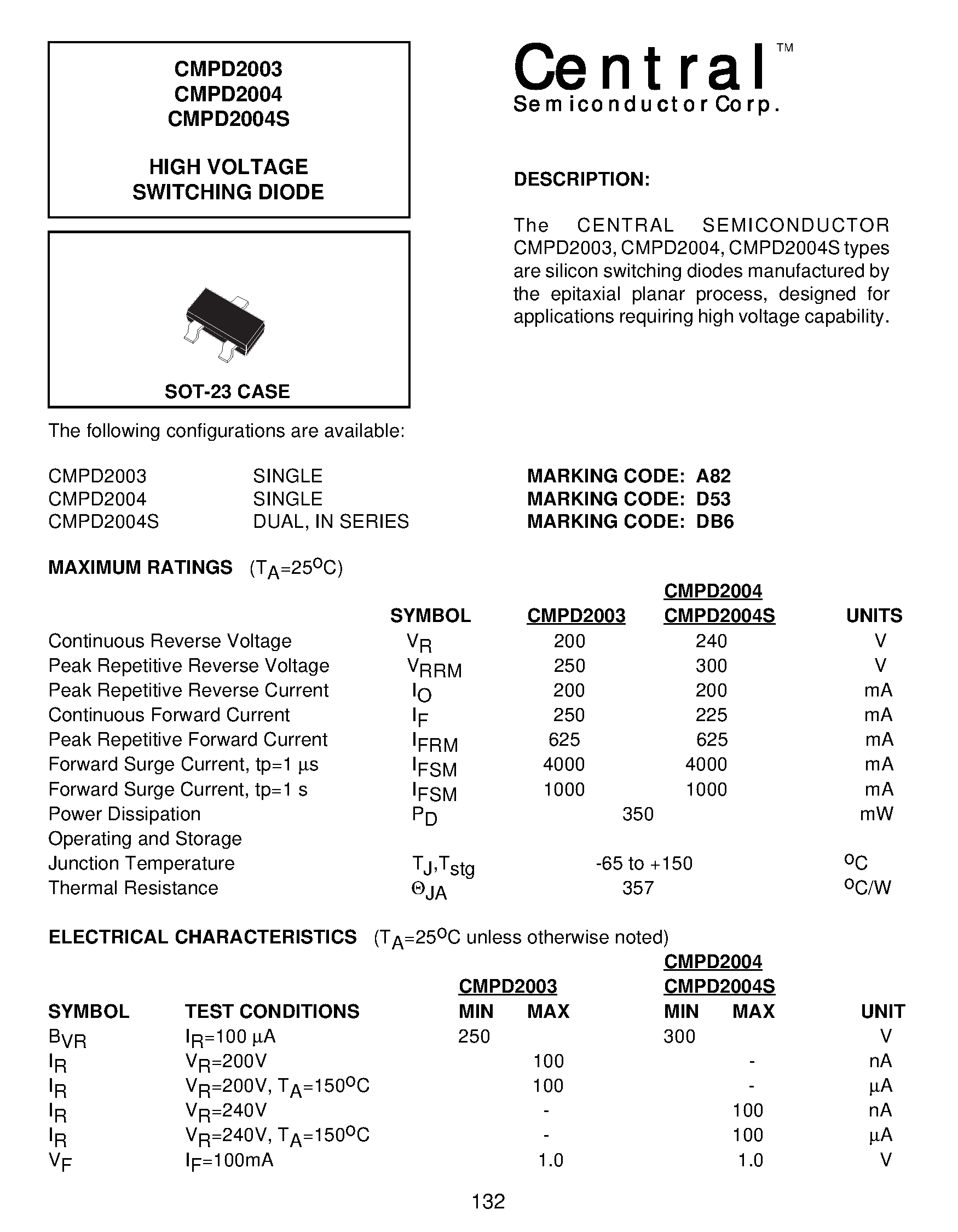 Даташит на микросхему CMPD2003 страница 1 Даташит CMPD2003 - SURFACE MOUNT HIGH VOLTAGE SWITCHING DIODE страница 1