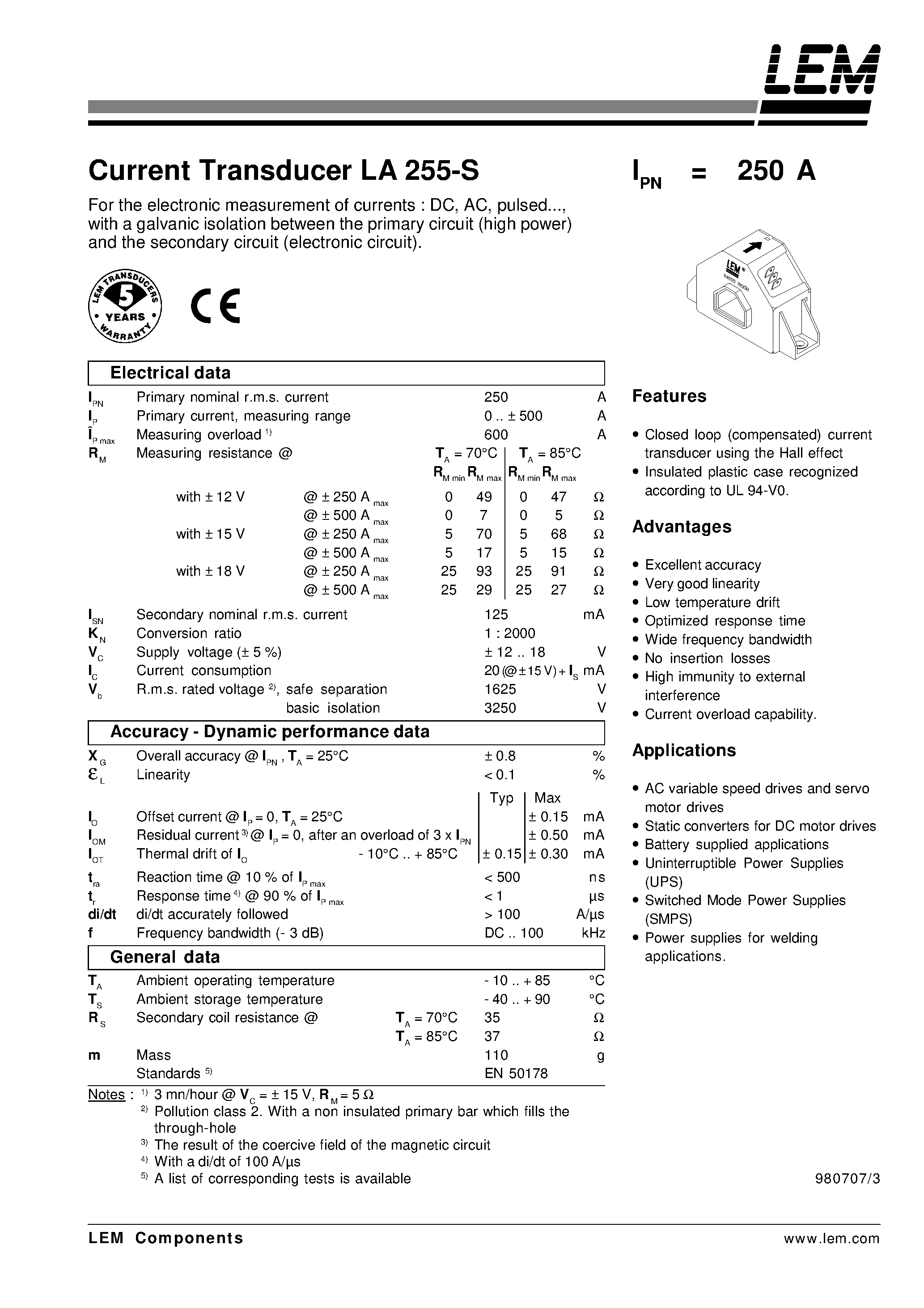 Datasheet LA255-S - Current Transducer LA 255-S page 1