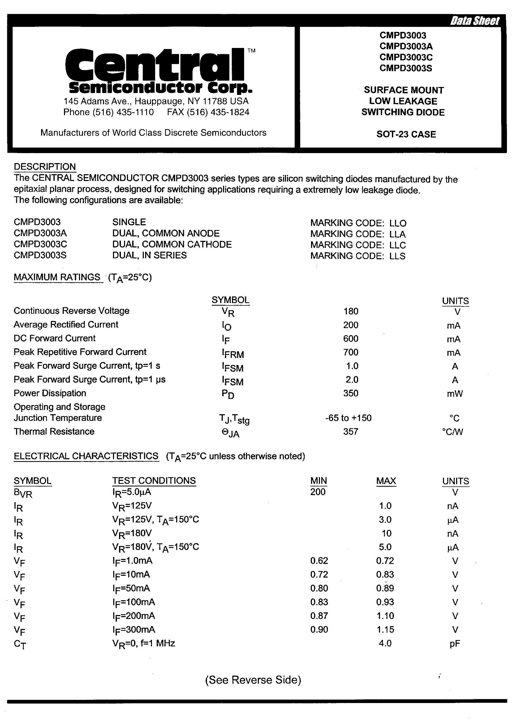 Даташит на микросхему CMPD3003C страница 1 Даташит CMPD3003C - CURFACE MOUNT LOW LEAKAGE SWITCHING DIODE страница 1