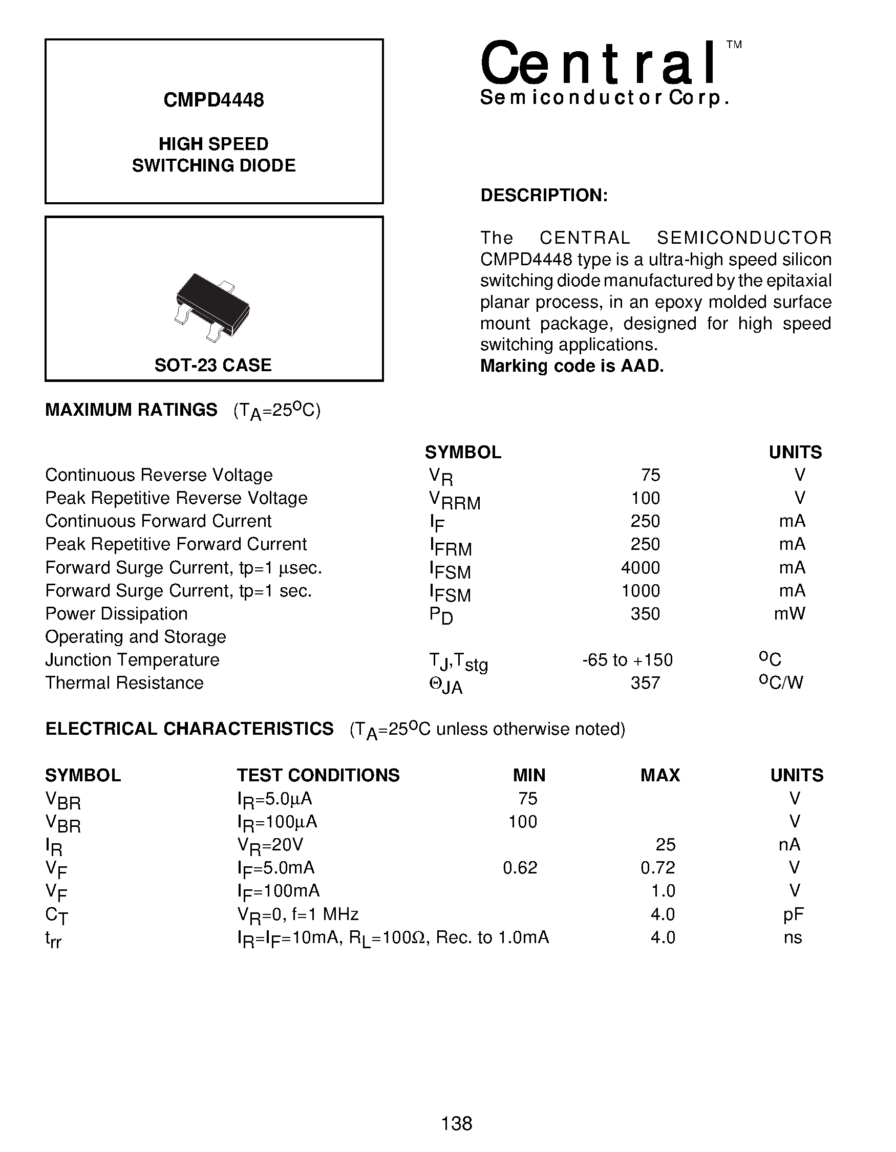 Даташит на микросхему CMPD4448 страница 1 Даташит CMPD4448 - HIGH SPEED SWITCHING DIODE страница 1