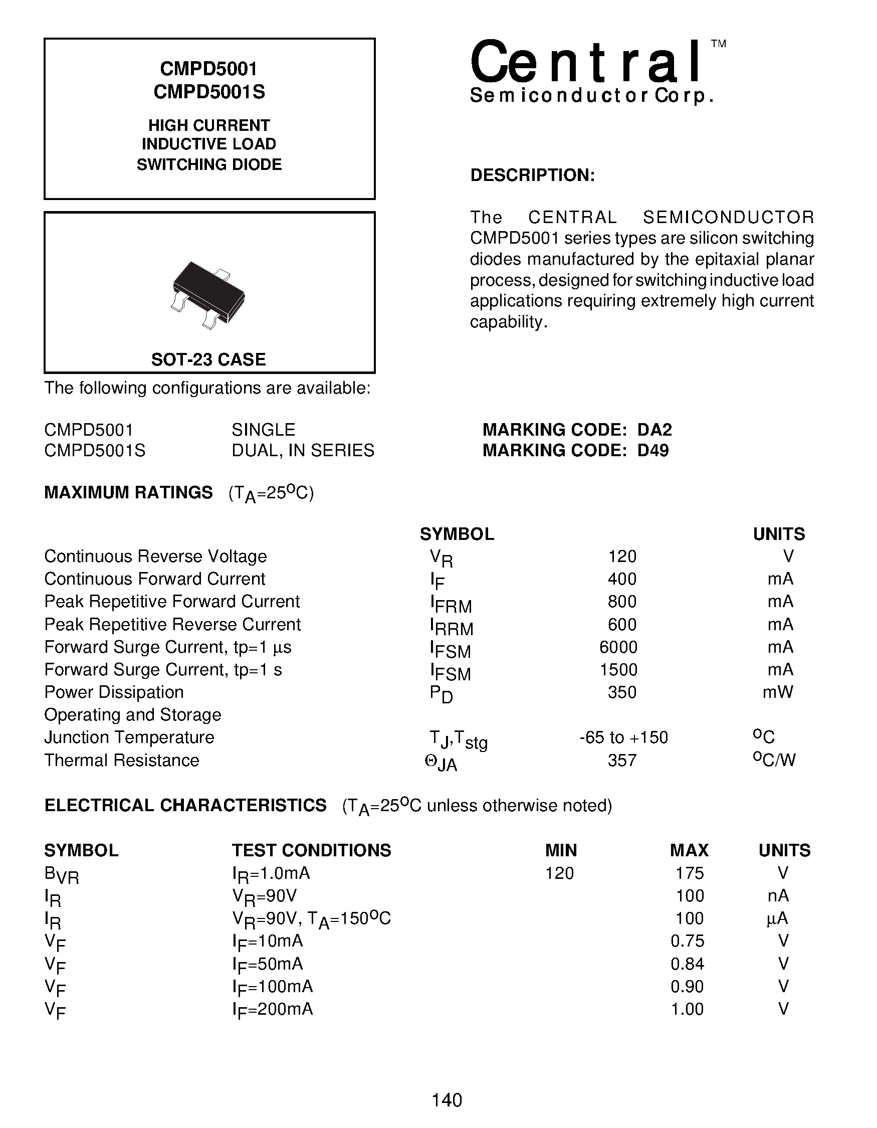 Даташит на микросхему CMPD5001S страница 1 Даташит CMPD5001S - HIGH CURRENT INDUCTIVE LOAD SWITCHING DIODE страница 1