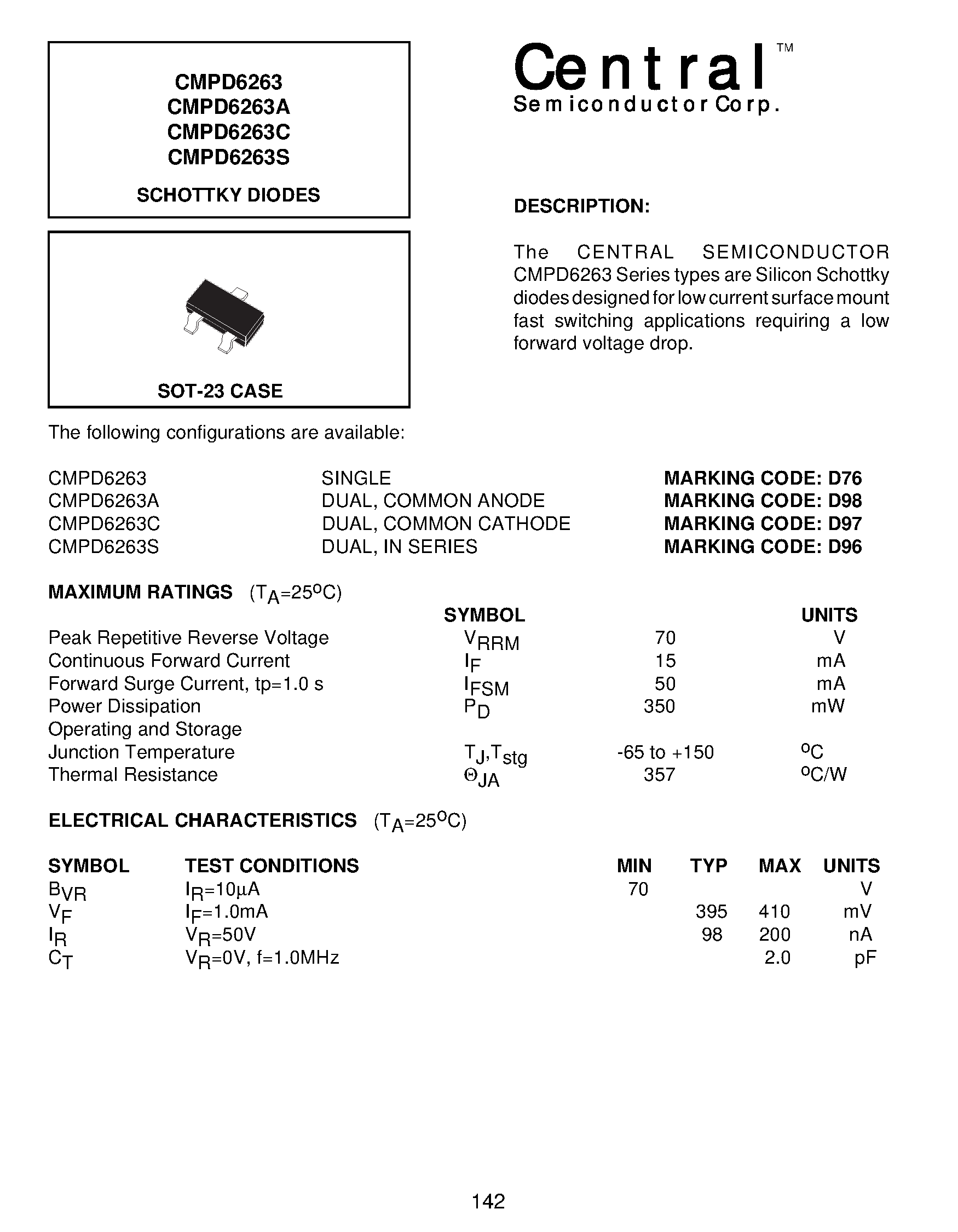 Даташит CMPD6263A - SCHOTTKY DIODES страница 1