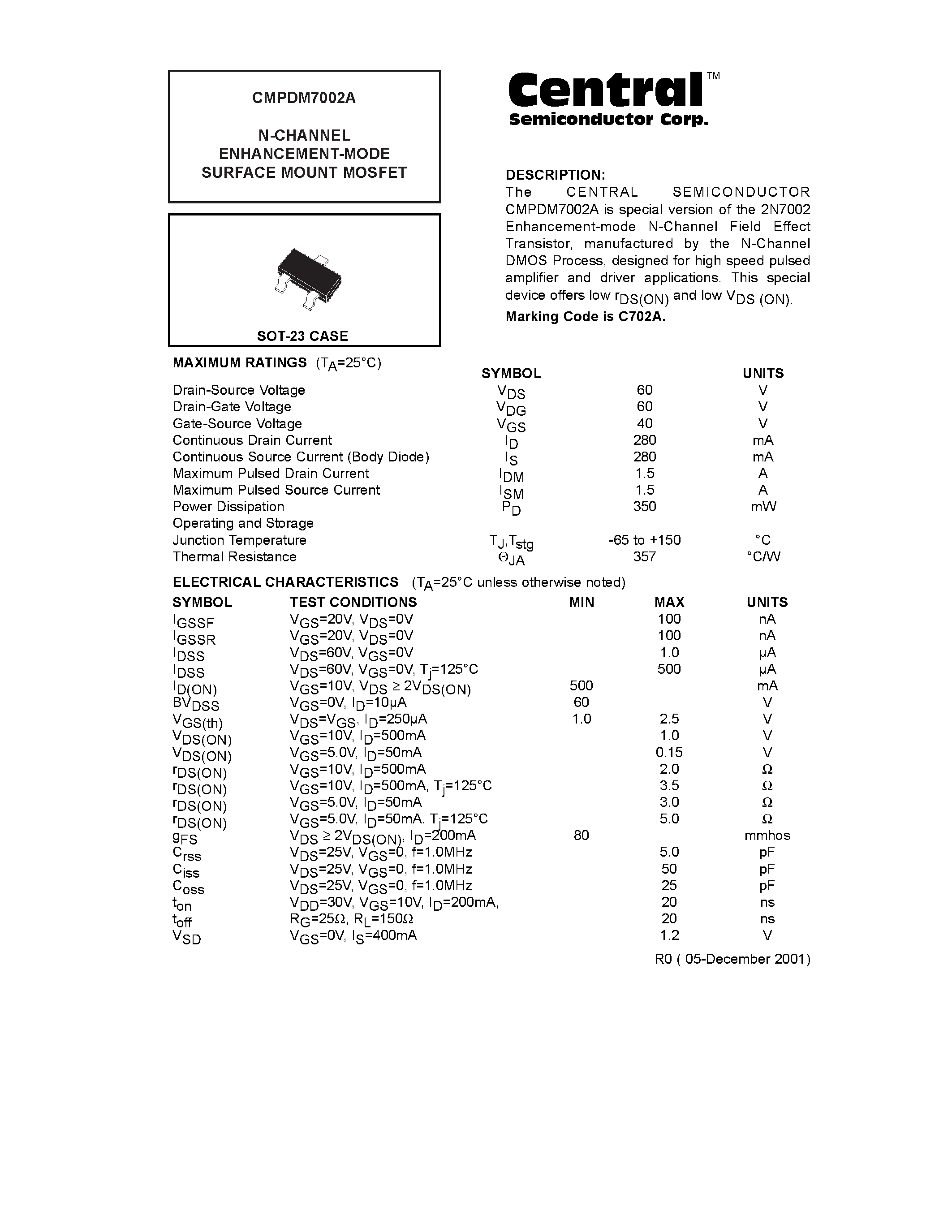 Datasheet CMPDM7002A - N-CHANNEL ENHANCEMENT-MODE SURFACE MOUNT MOSFET page 1