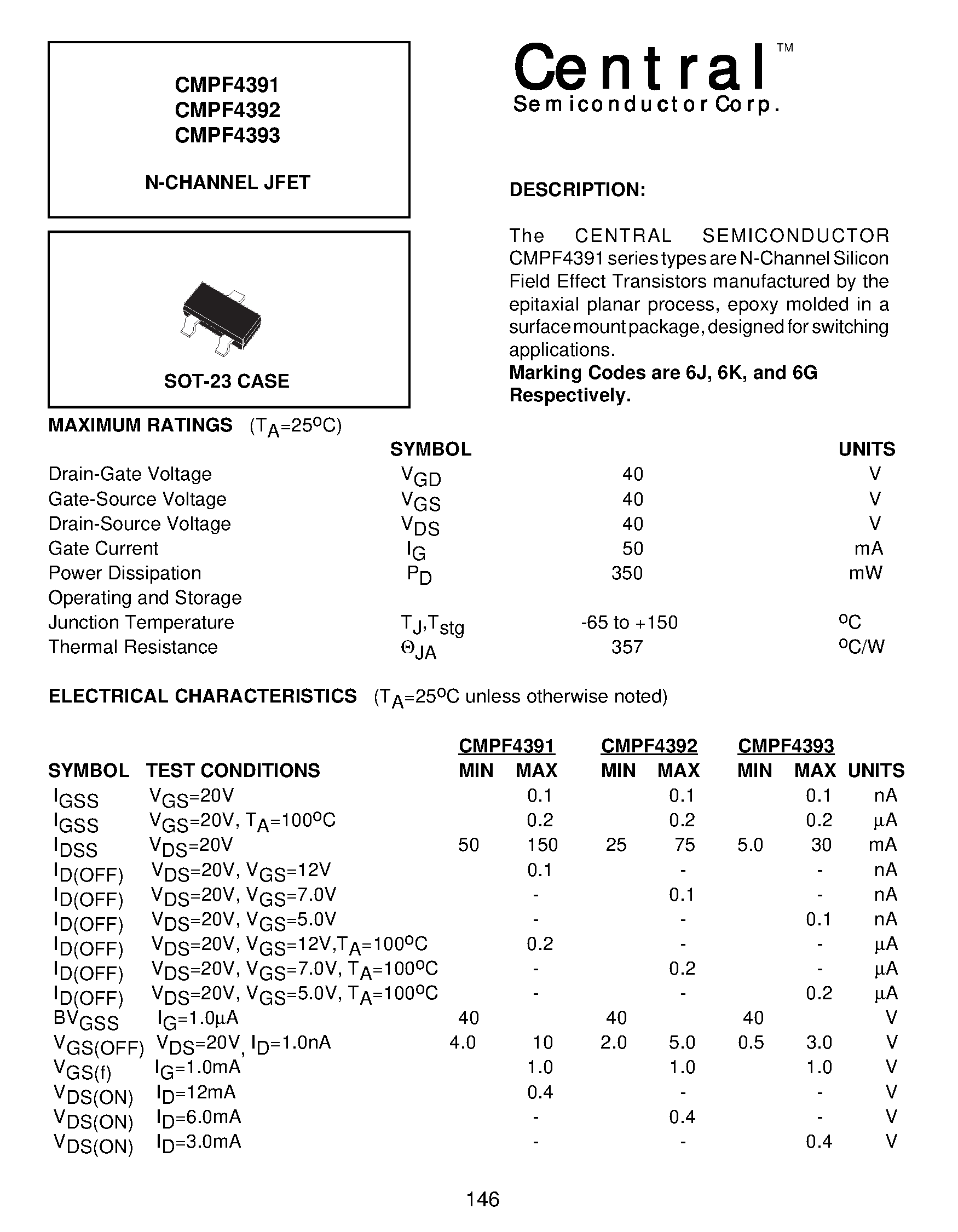Datasheet CMPF4392 - N-CHANNEL JFET page 1