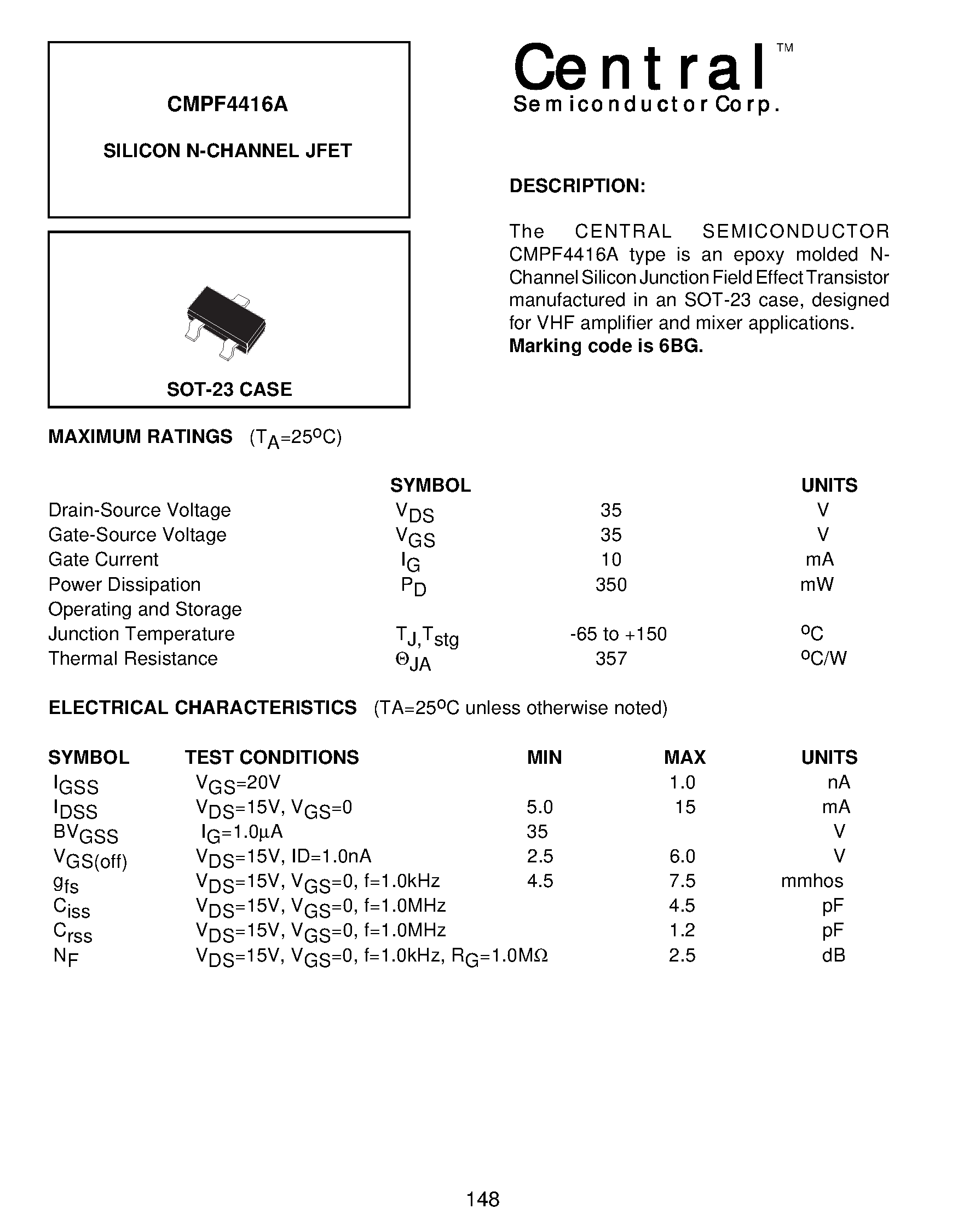Datasheet CMPF4416A - SILICON N-CHANNEL JFET page 1